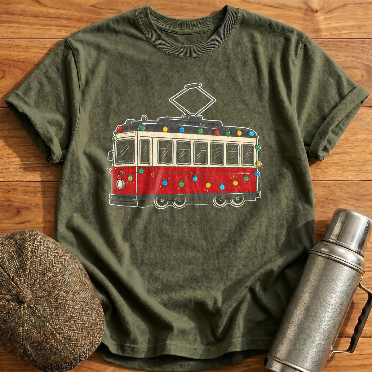 Tram Christmas Lights 95 T-Shirt - Military Green