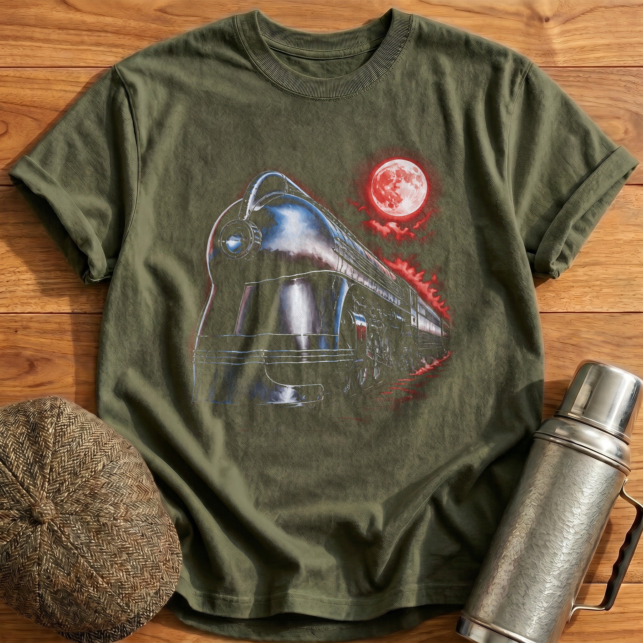 Vintage Train Red Moon Railway - Military Green