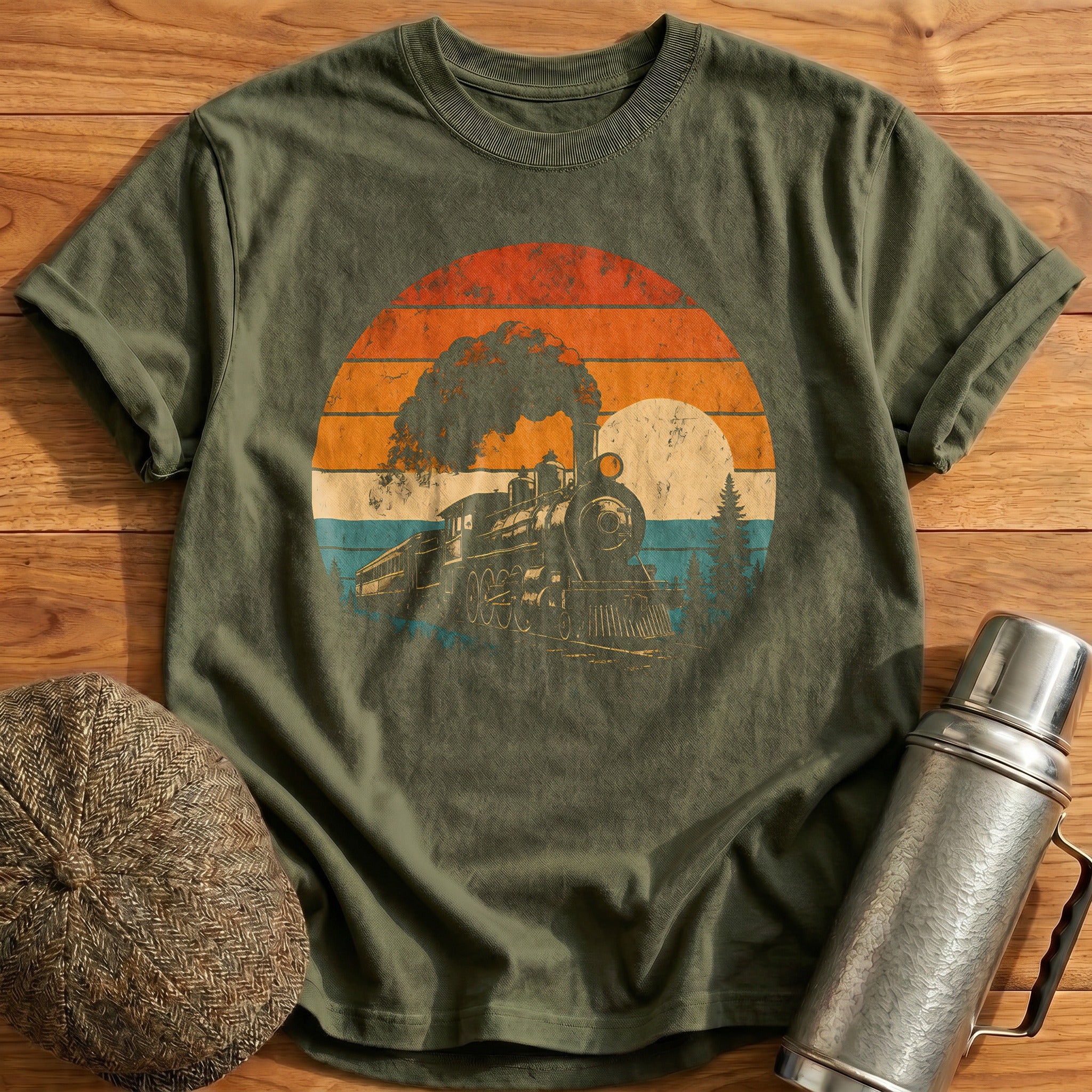 Vintage Train Sunset Locomotive Engineer - Military Green