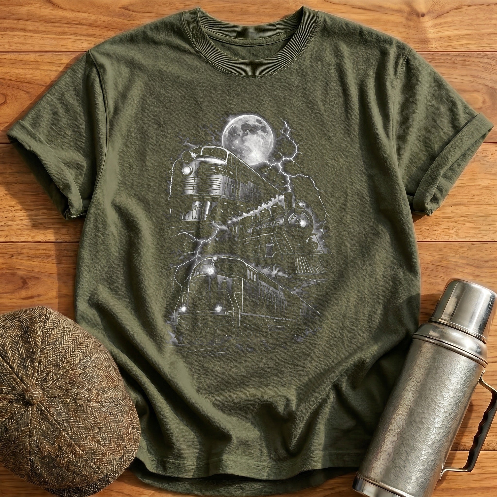 Vintage Trains Lightning Moon - Military Green