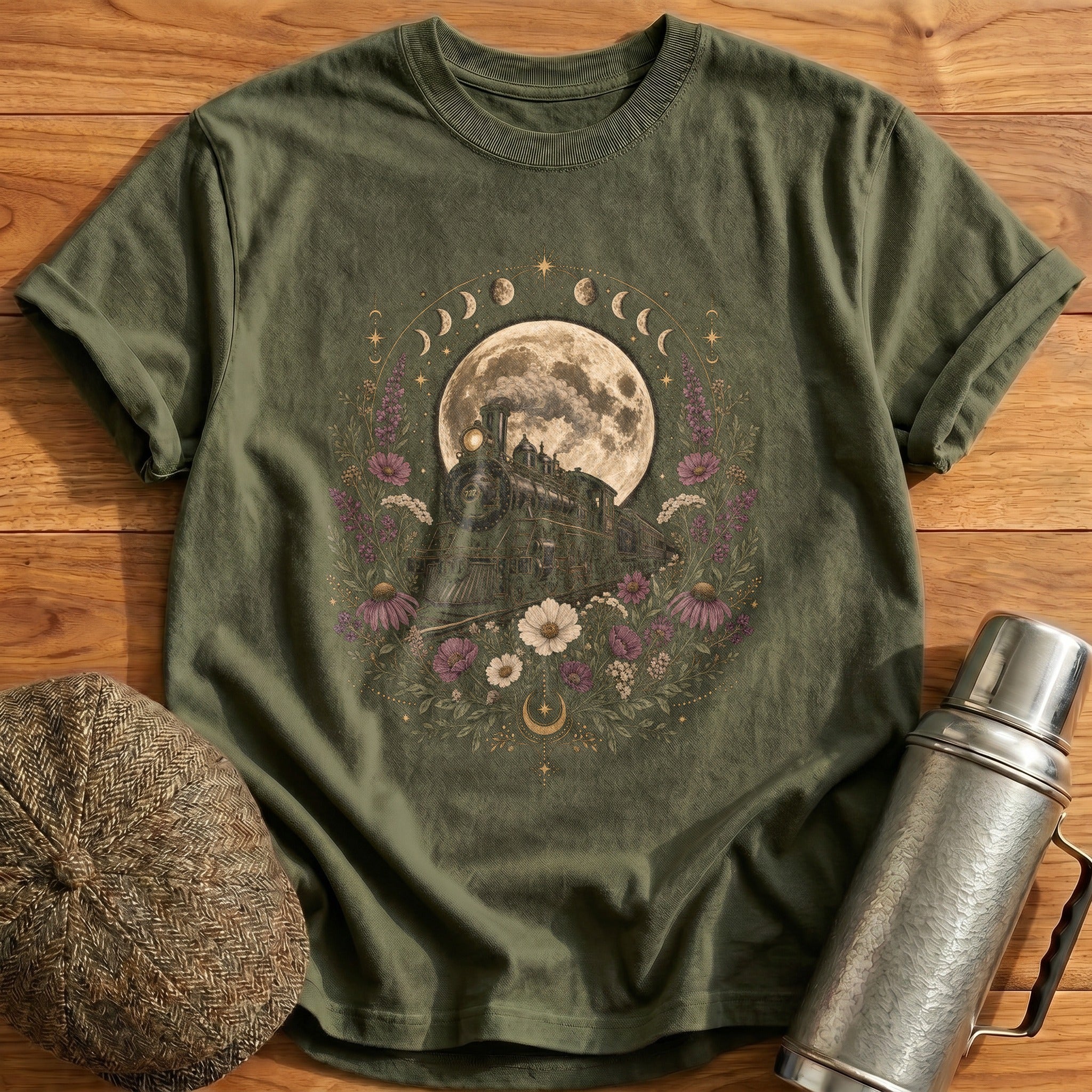 Celestial Train Full Moon T-Shirt - Military Green
