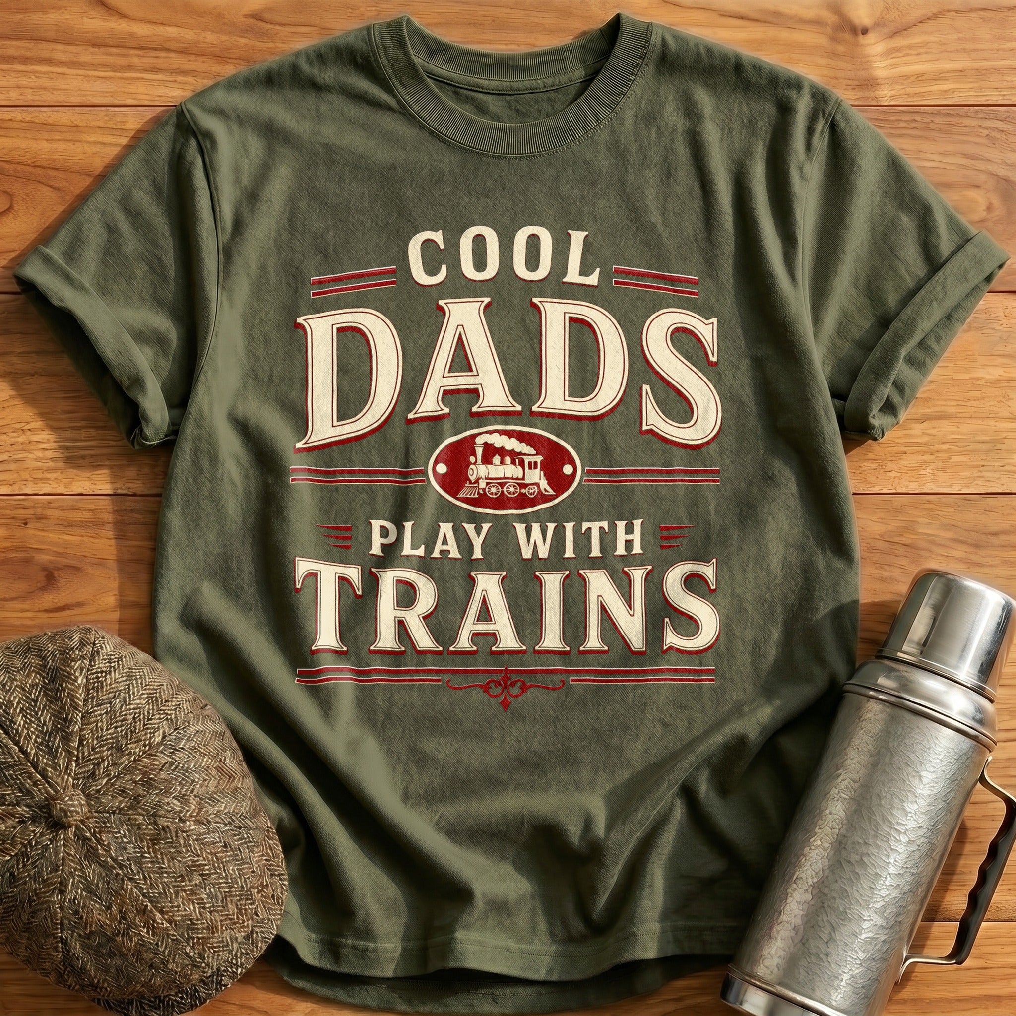 Cool Dads Play with Trains T-Shirt - Military Green
