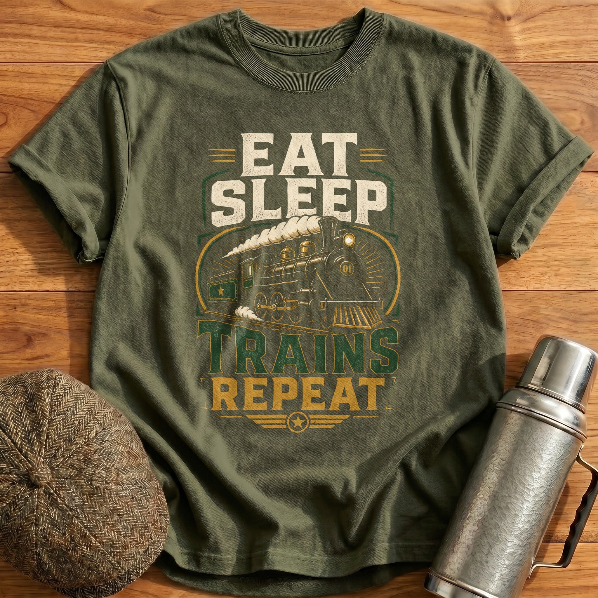 Eat Sleep Trains Repeat T-Shirt - Military Green