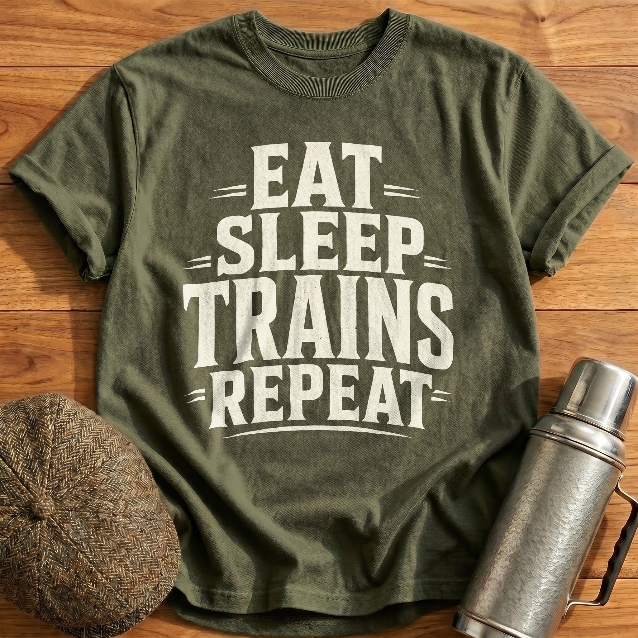 Eat Sleep Trains Repeat Type T-Shirt - Military Green