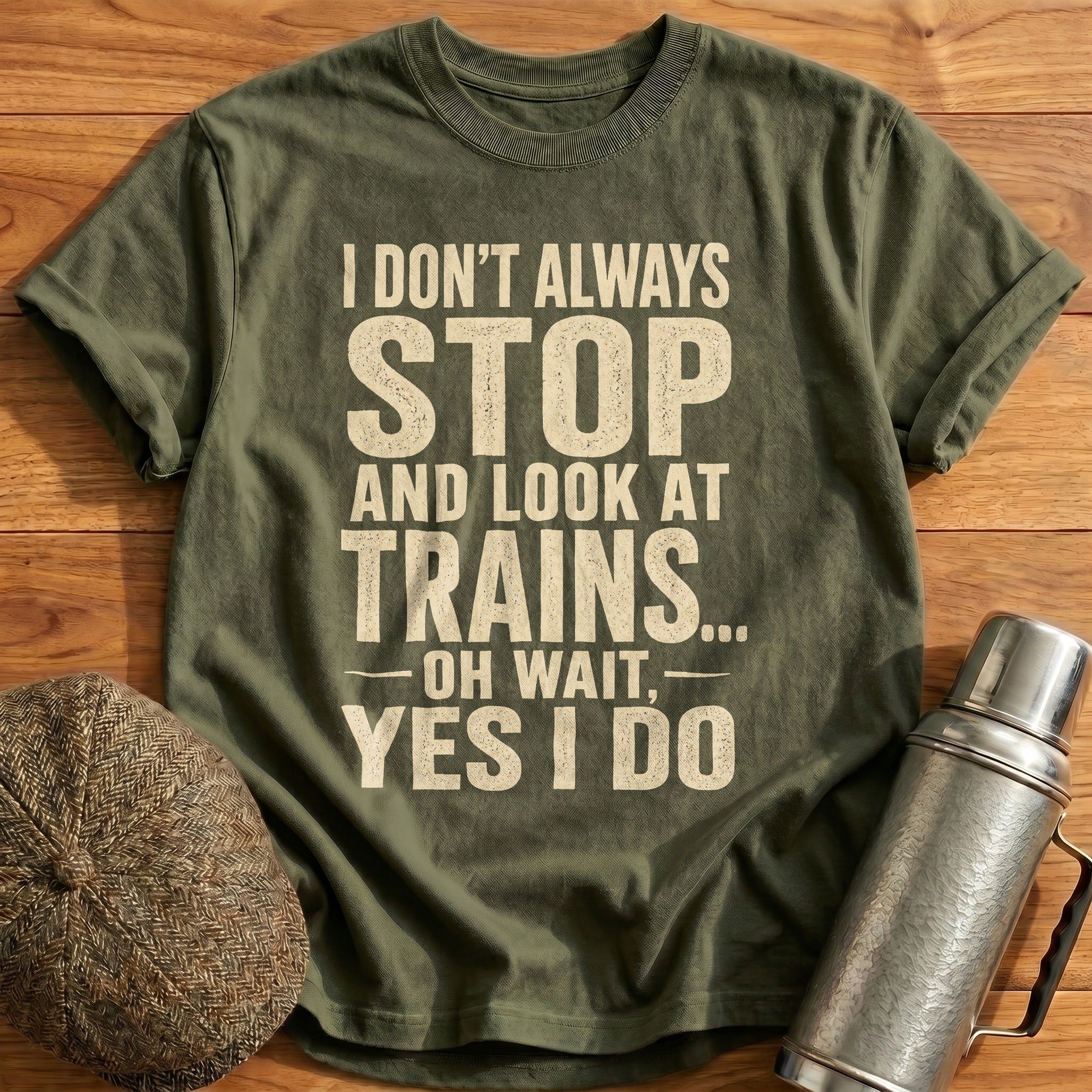 I Don't Always Stop and Look at Trains II T-Shirt - Military Green