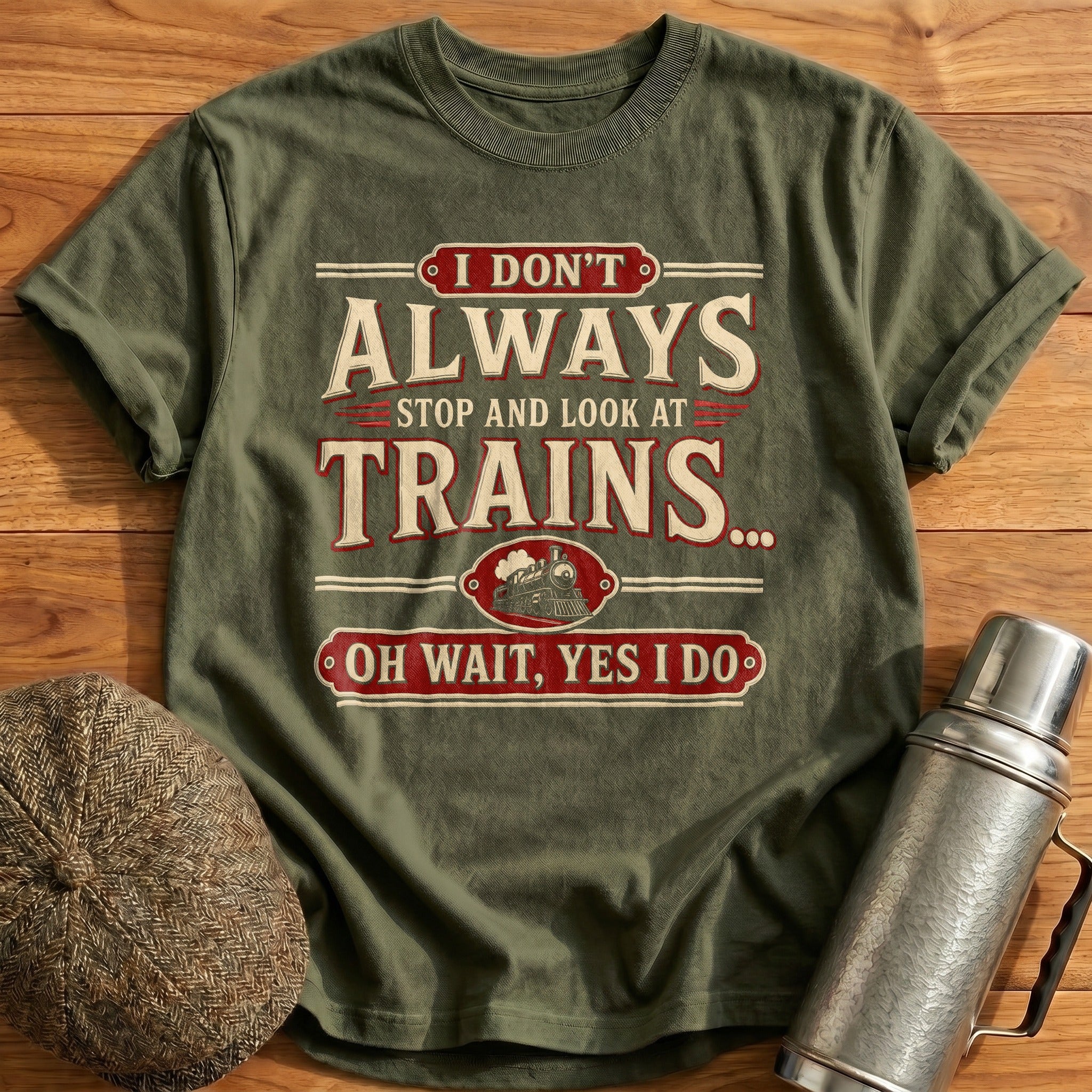 I Don't Always Stop and Look at Trains T-Shirt - Military Green