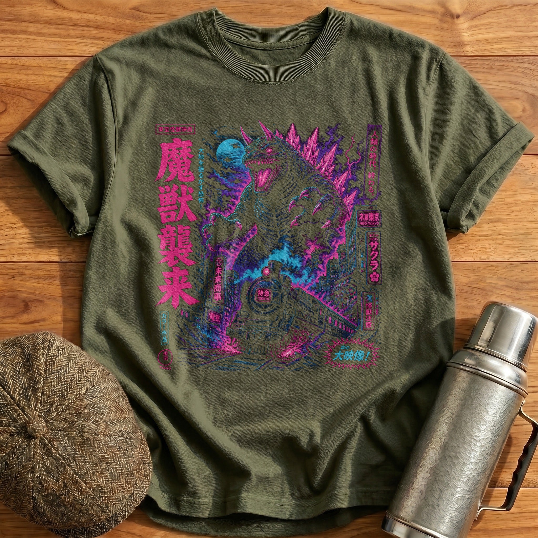 Kaiju Train Neon T-Shirt - Military Green