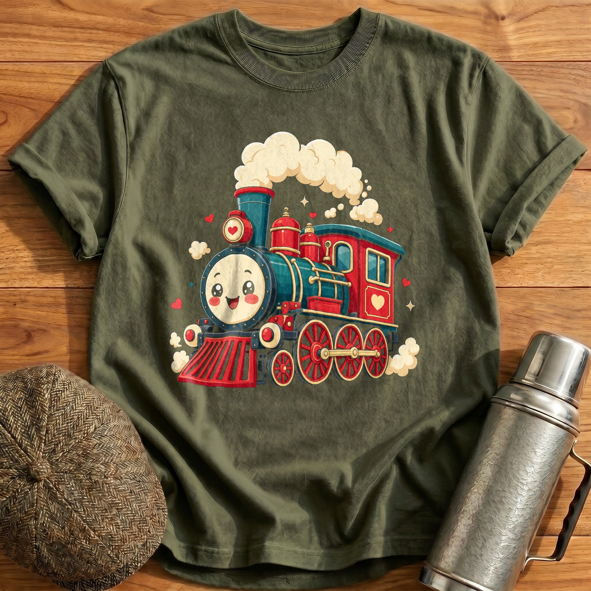 Kawaii Steam Train T-Shirt - Military Green