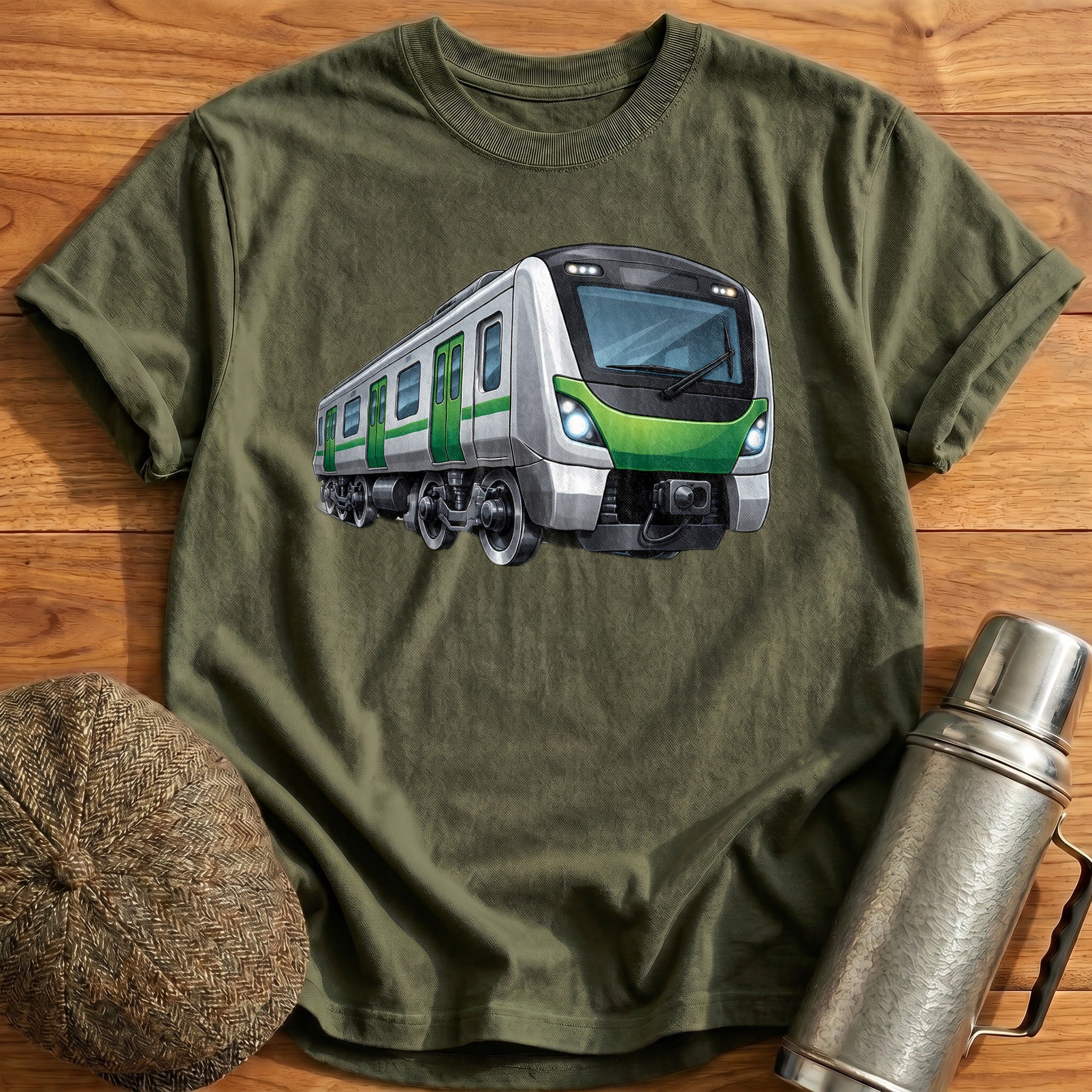 Metrotrain Front34 T-Shirt - Military Green