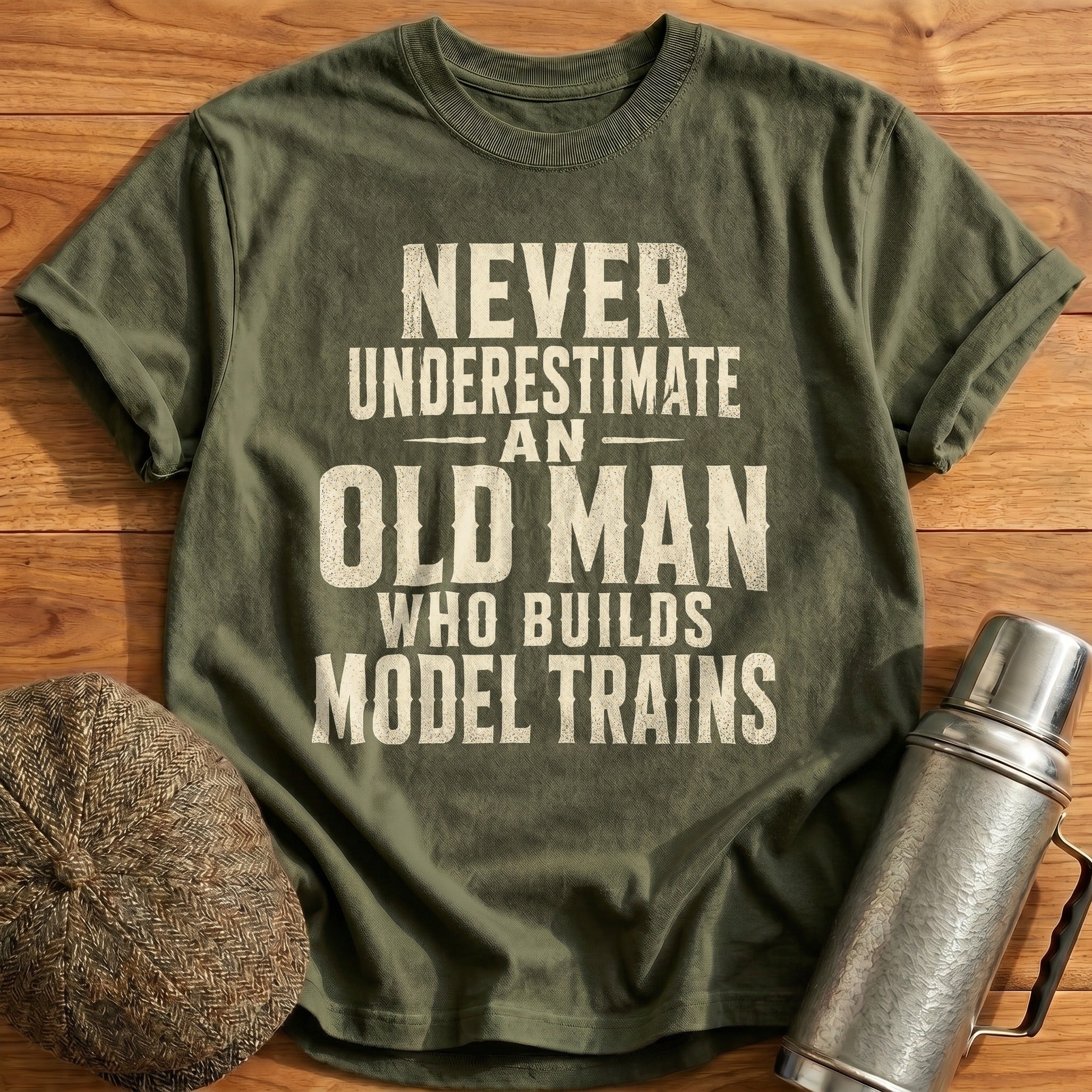 Never Underestimate Old Man Model Trains II T-Shirt - Military Green