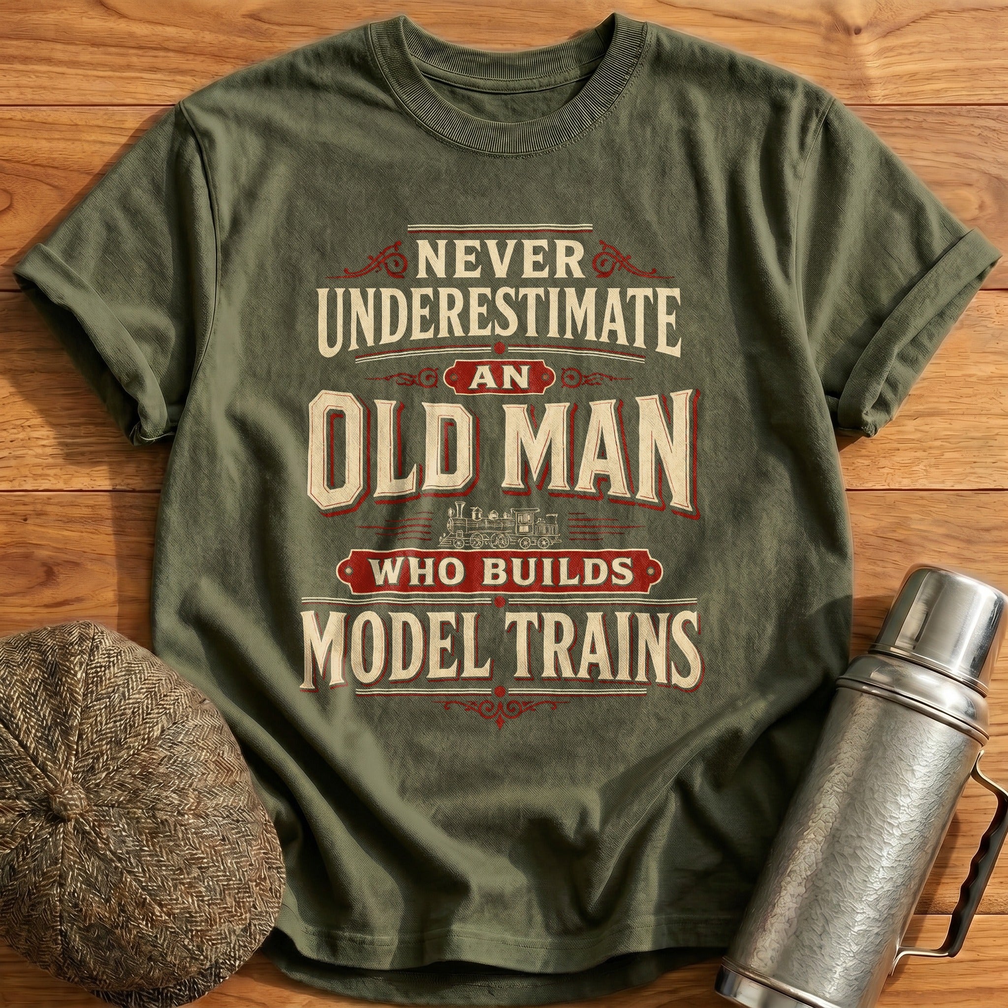 Never Underestimate Old Man Model Trains T-Shirt - Military Green