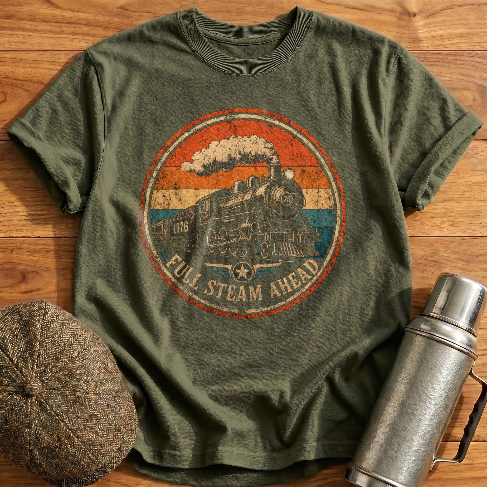 Retro Train Badge T-Shirt - Military Green