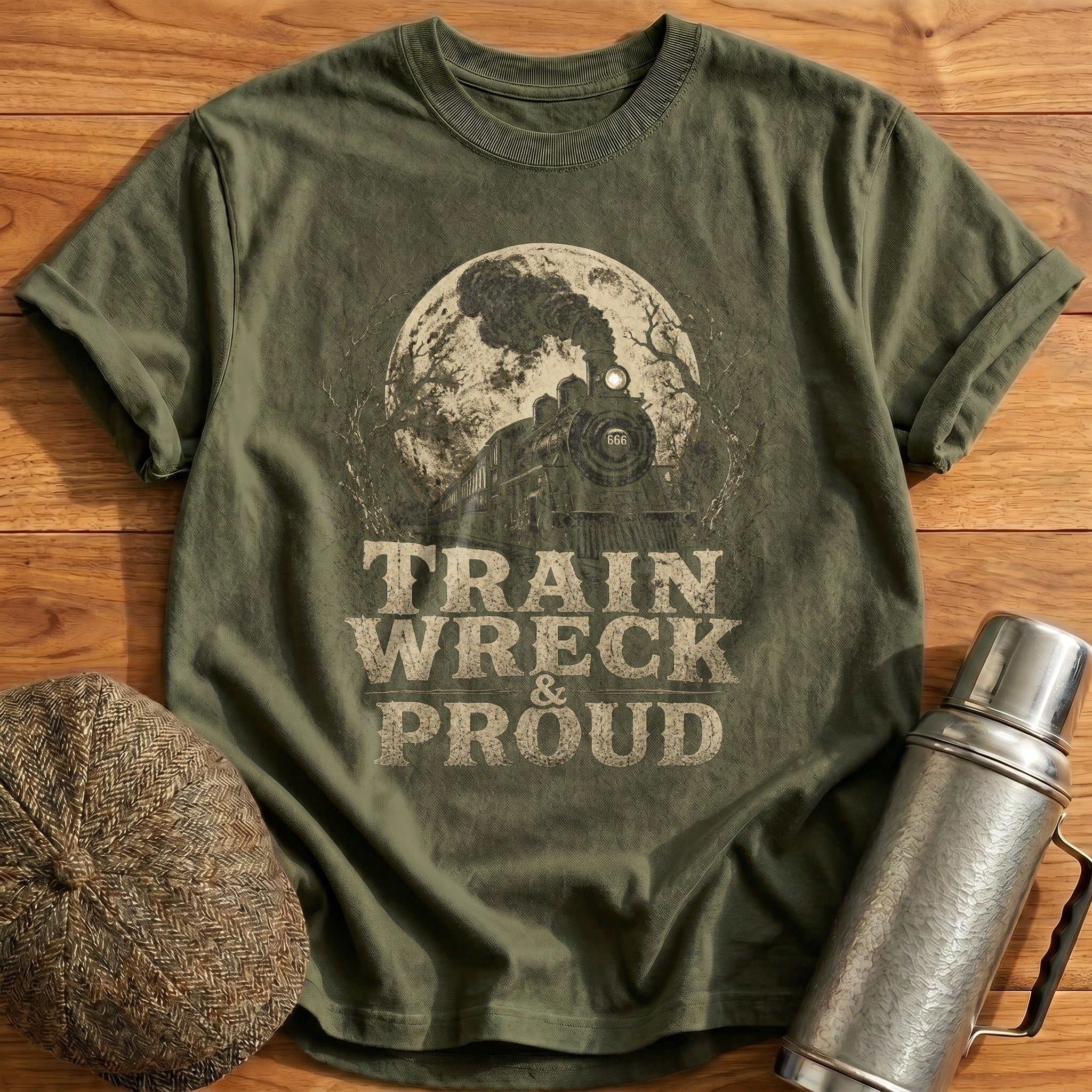 Train Wreck and Proud T-Shirt - Military Green