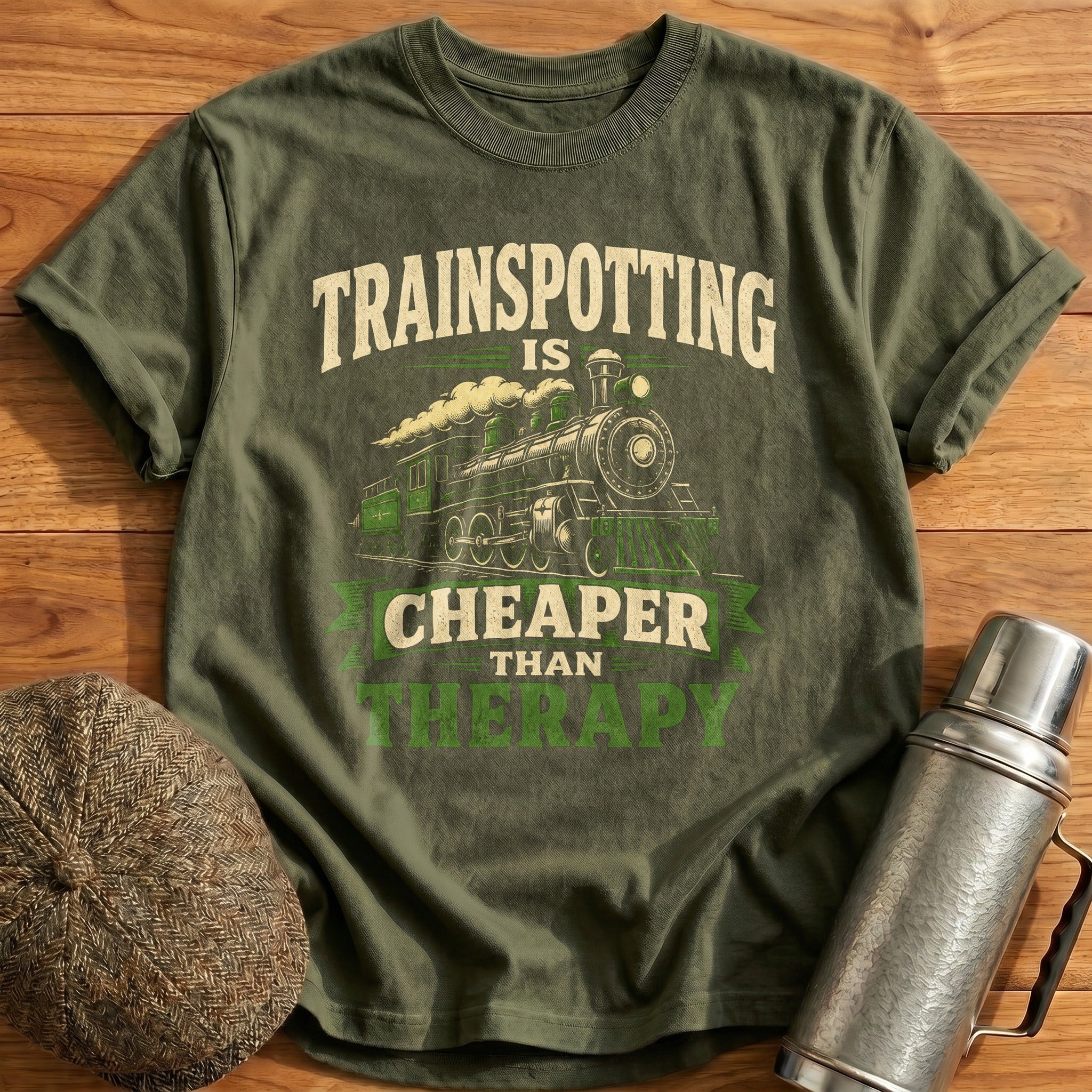 Trainspotting Cheaper Than Therapy T-Shirt - Military Green