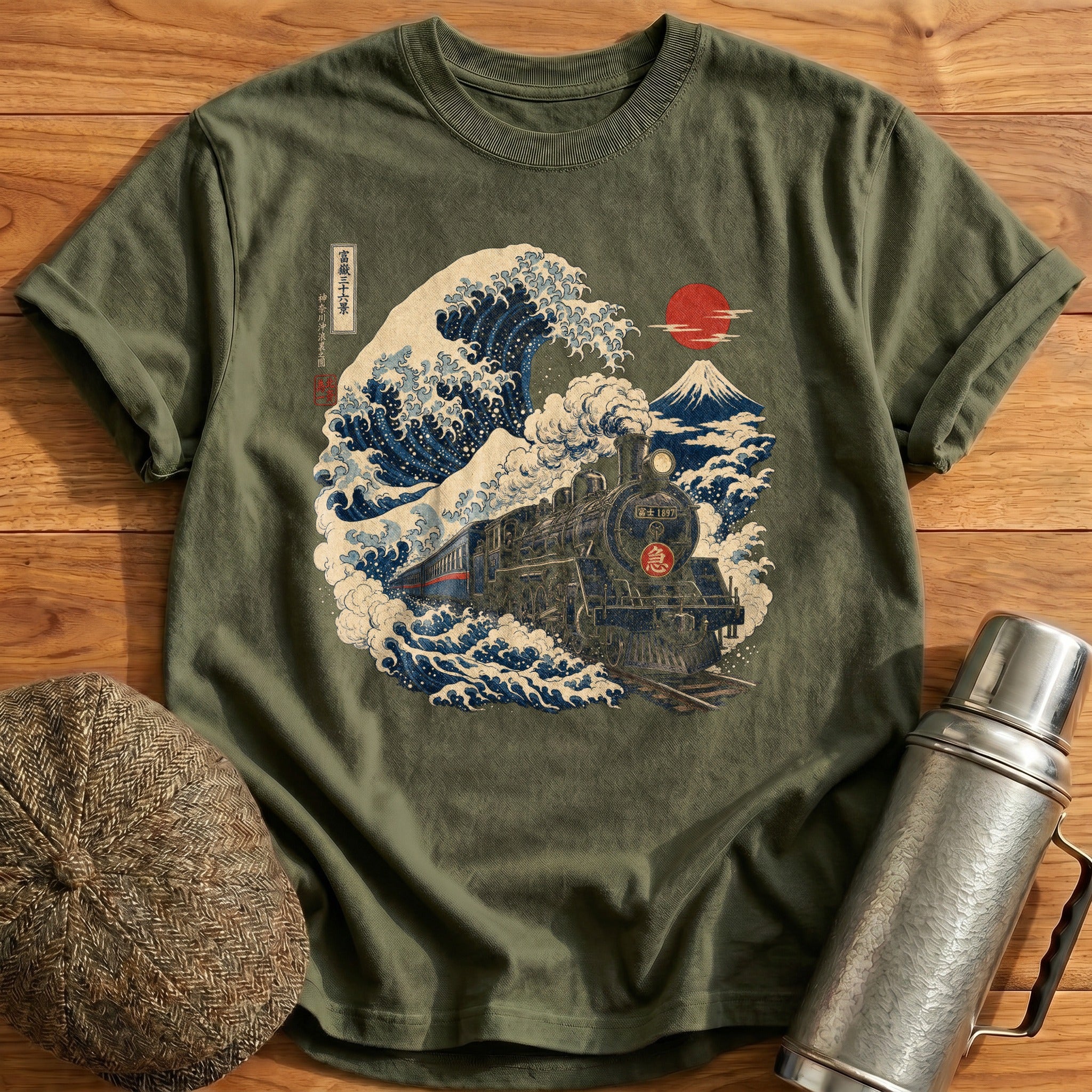 Ukiyoe Steam Train Wave T-Shirt - Military Green