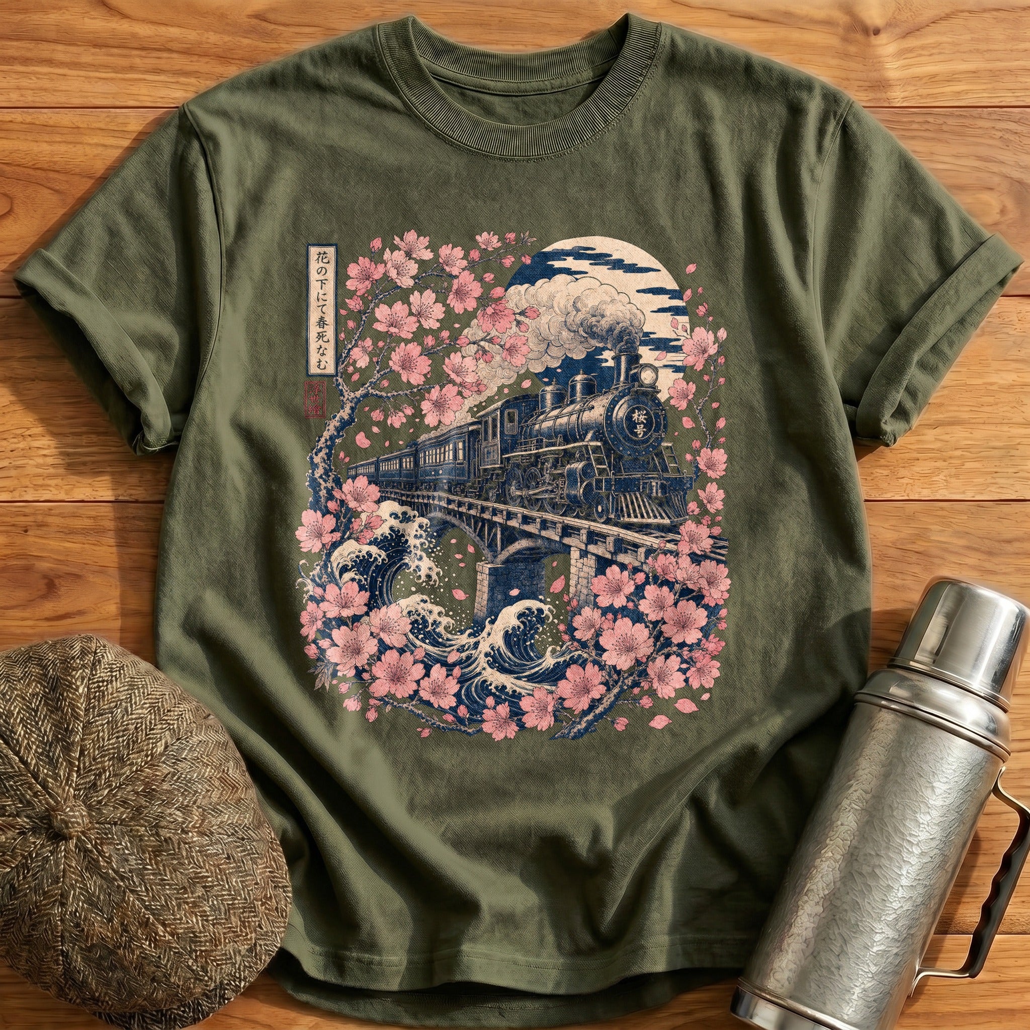 Ukiyoe Train Blossoms T-Shirt - Military Green