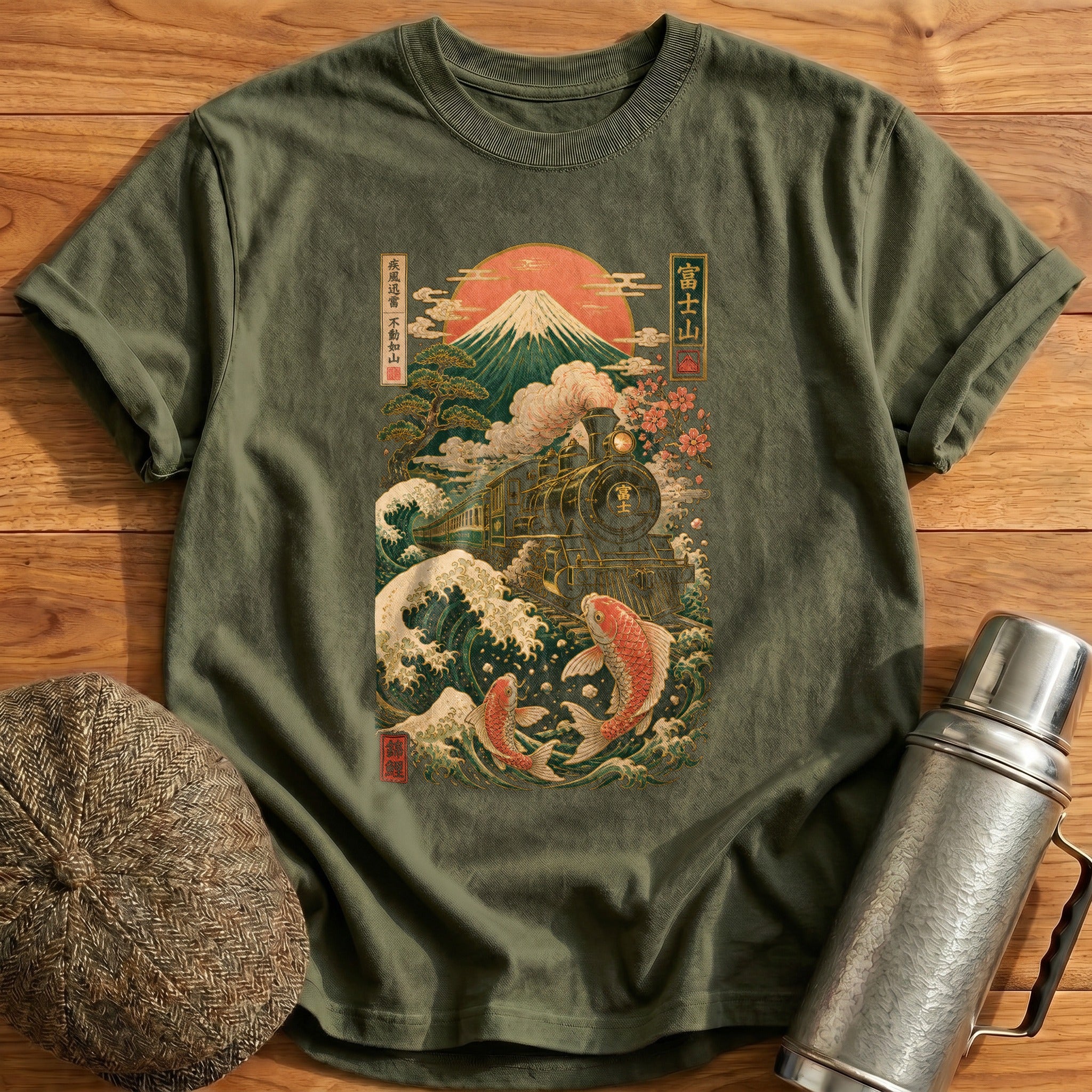 Ukiyoe Train T-Shirt - Military Green