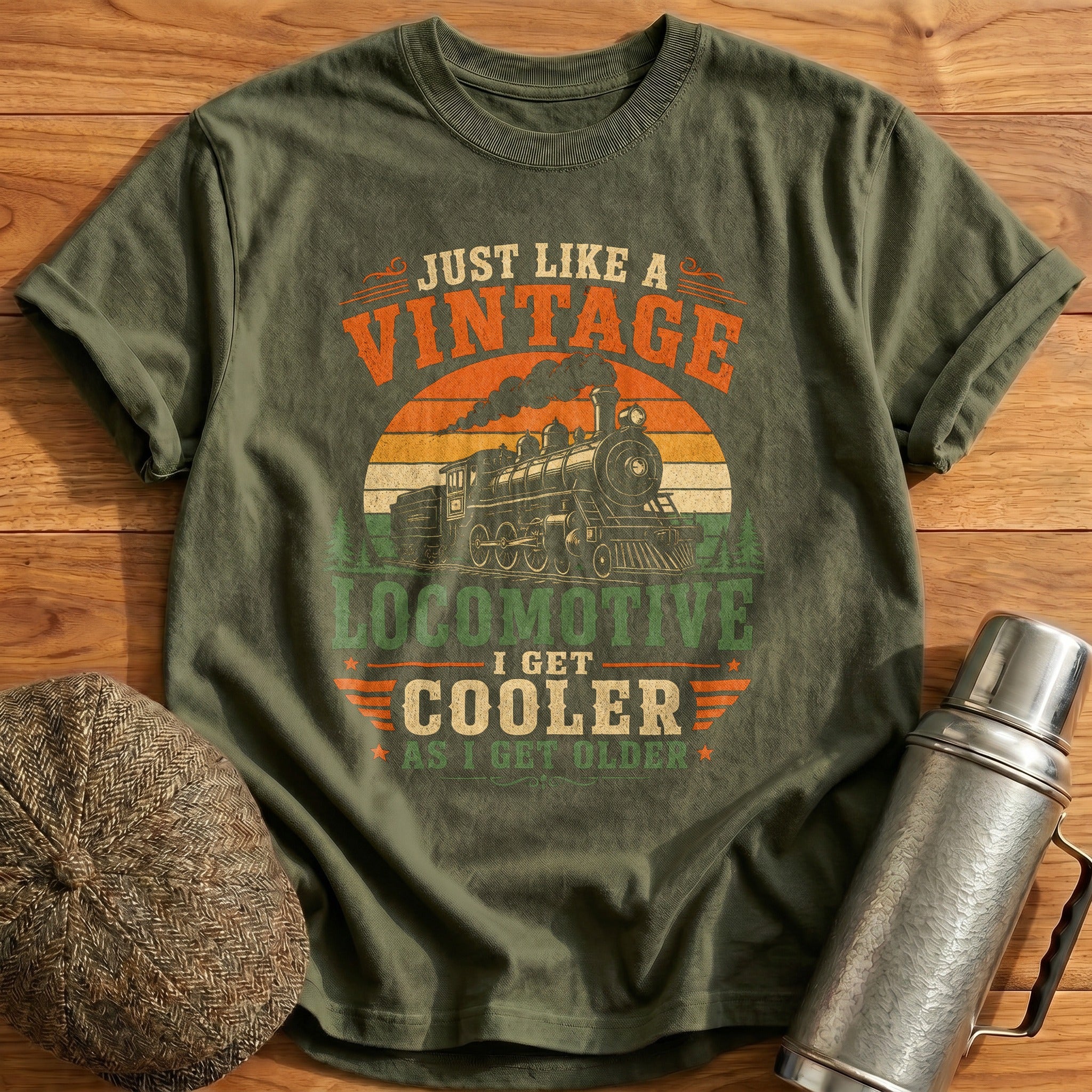 Vintage Locomotive Cooler Older T-Shirt - Military Green
