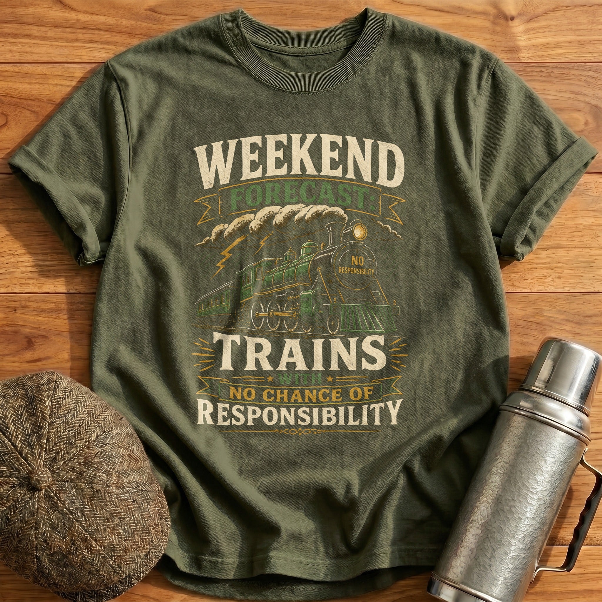 Weekend Forecast Trains T-Shirt - Military Green