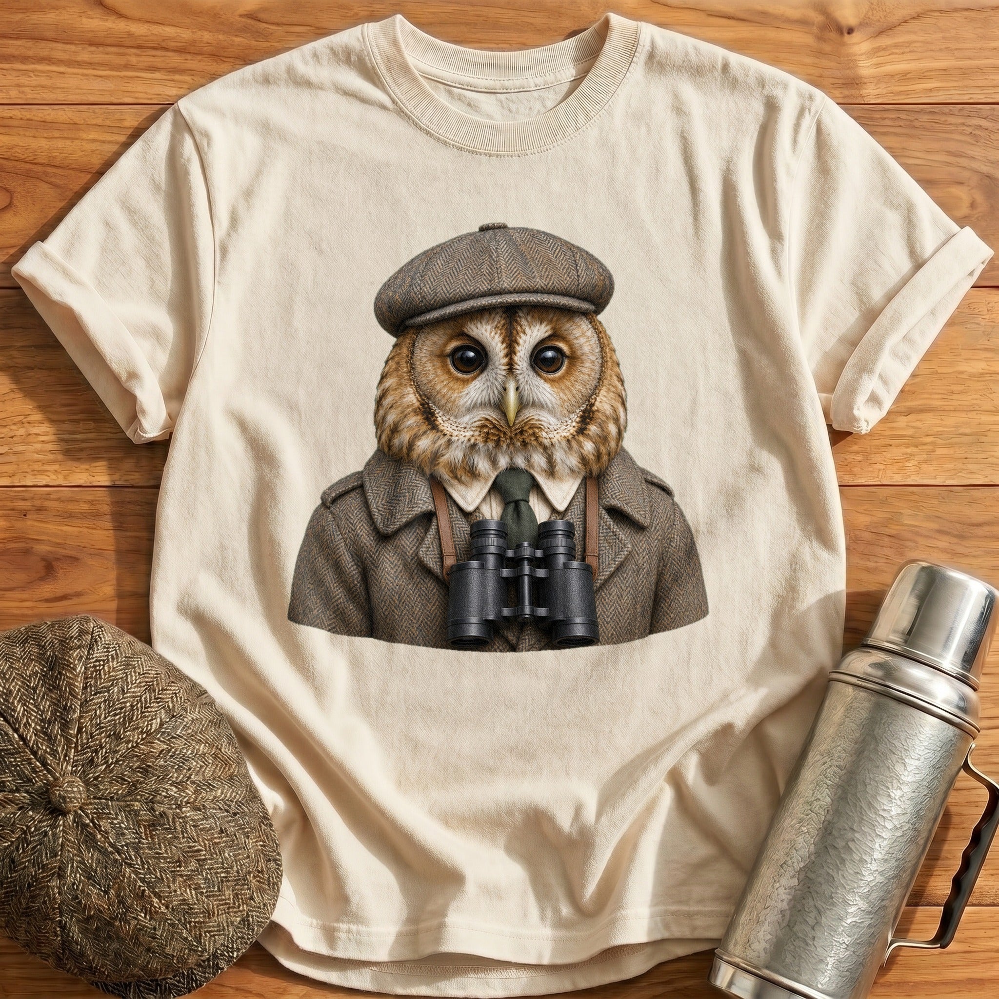 Tawny Owl Trainspotter With Binoculars T-Shirt - Natural
