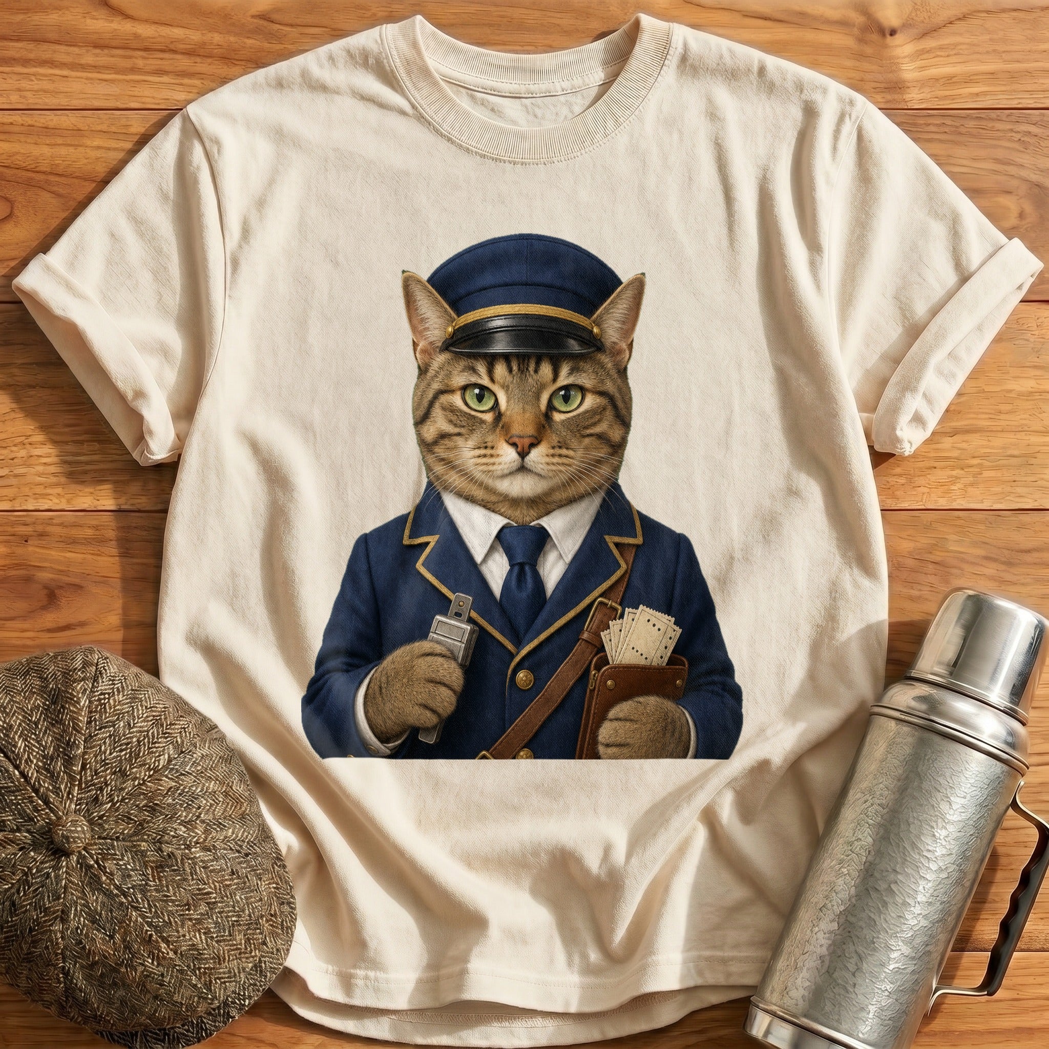 Tabby Cat Ticket Inspector T-Shirt - Natural