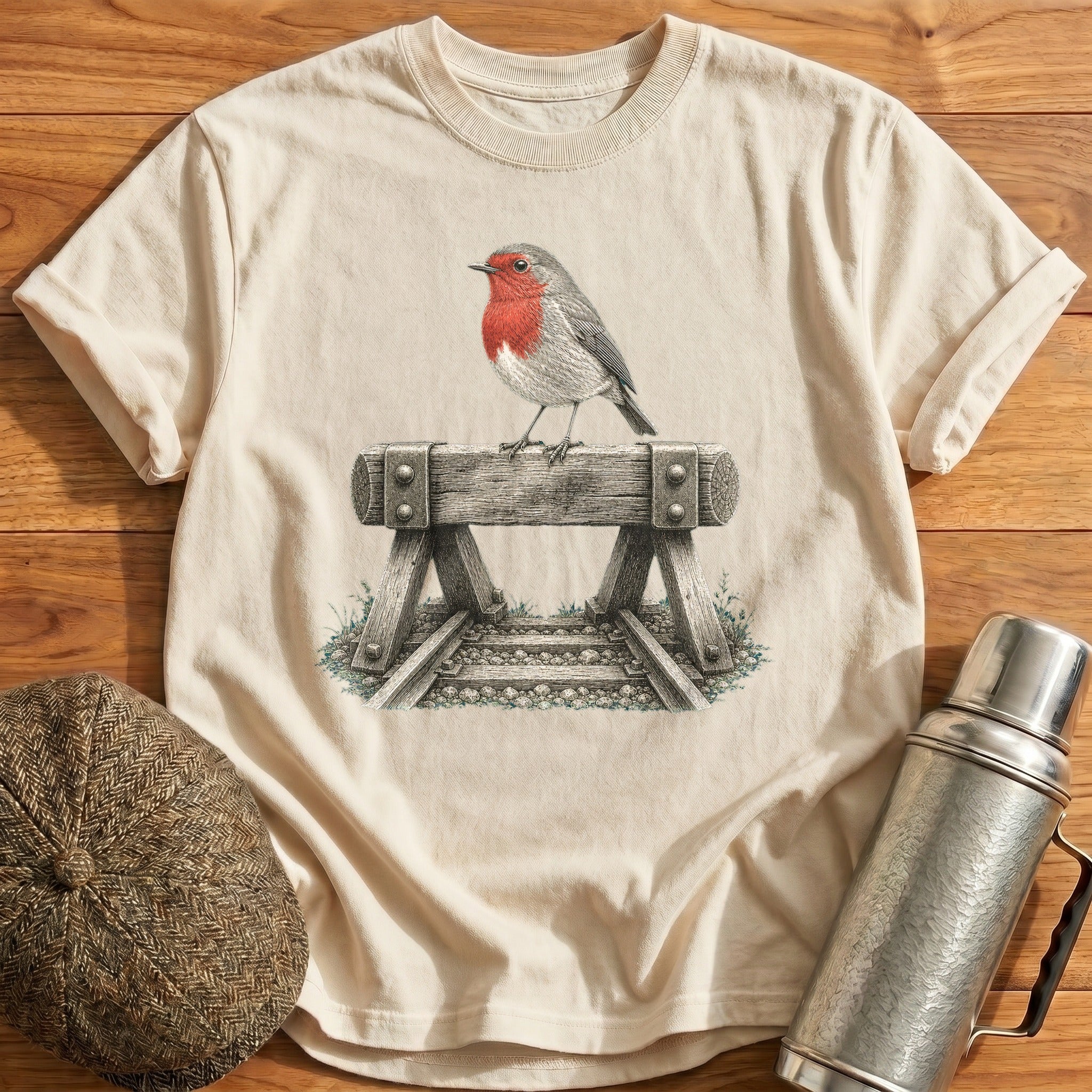 Robin Perched On A Buffer Stop T-Shirt - Natural