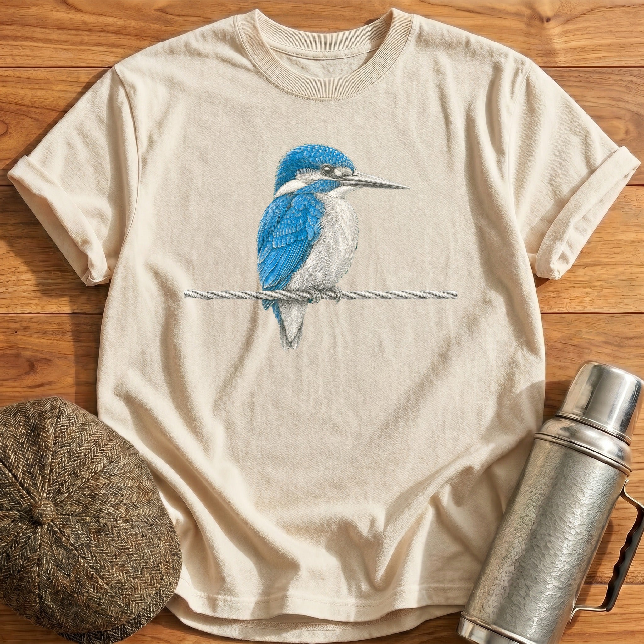 Kingfisher On A Signal Wire T-Shirt - Natural