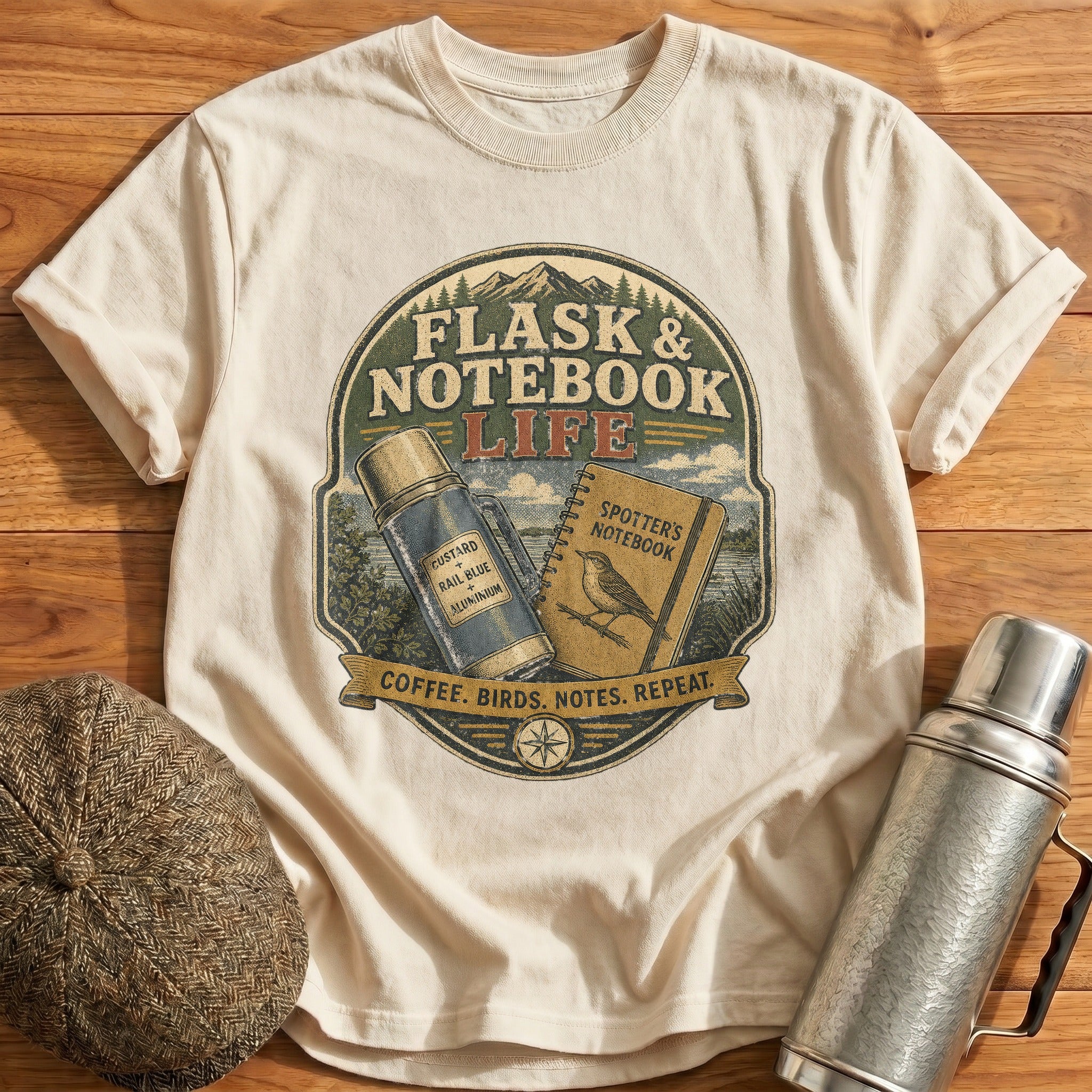 Coffee, Birds, Notes, Repeat T-Shirt - Natural
