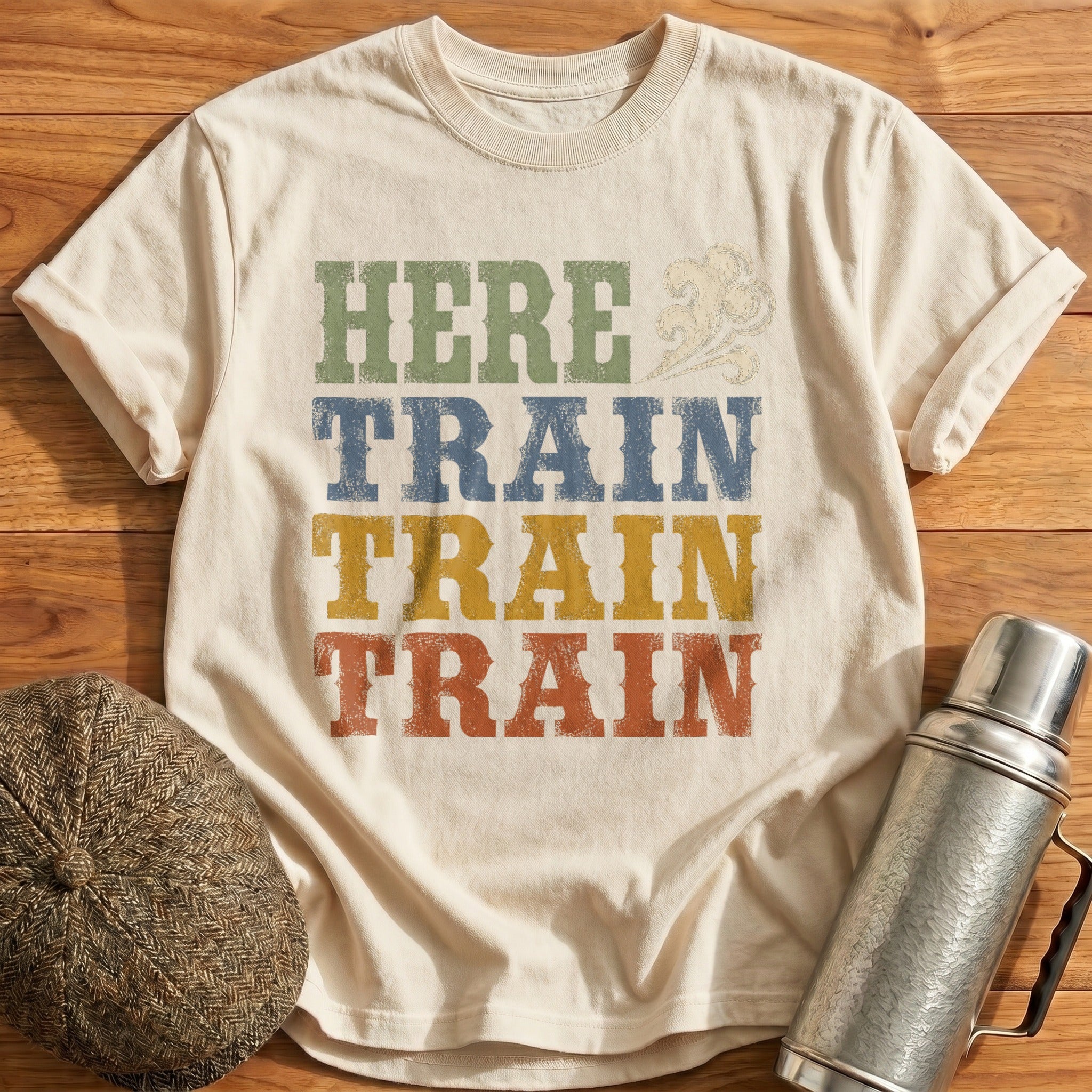 Here Train Train Train T-Shirt - Natural