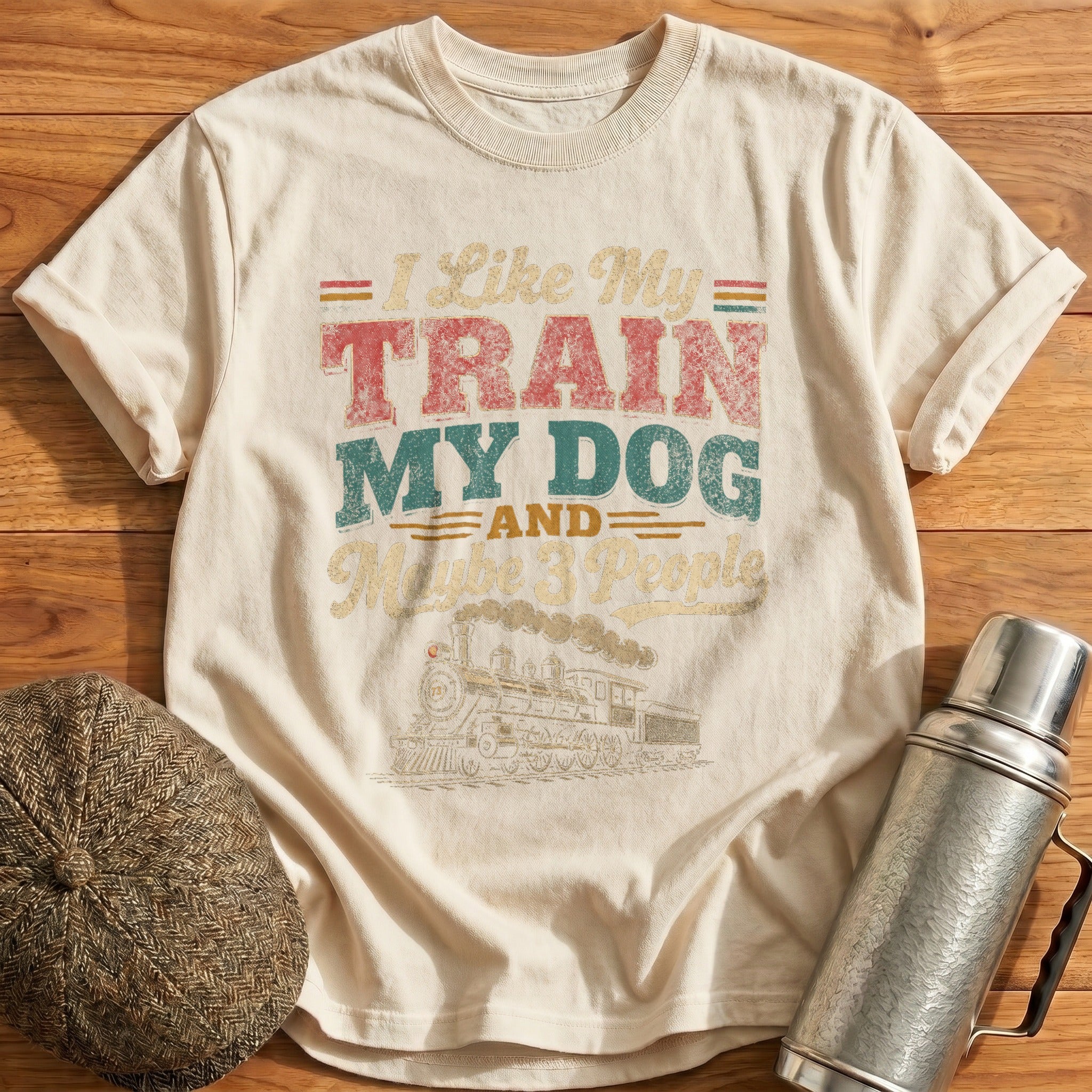 I Like My Train My Dog And Maybe 3 People T-Shirt - Natural