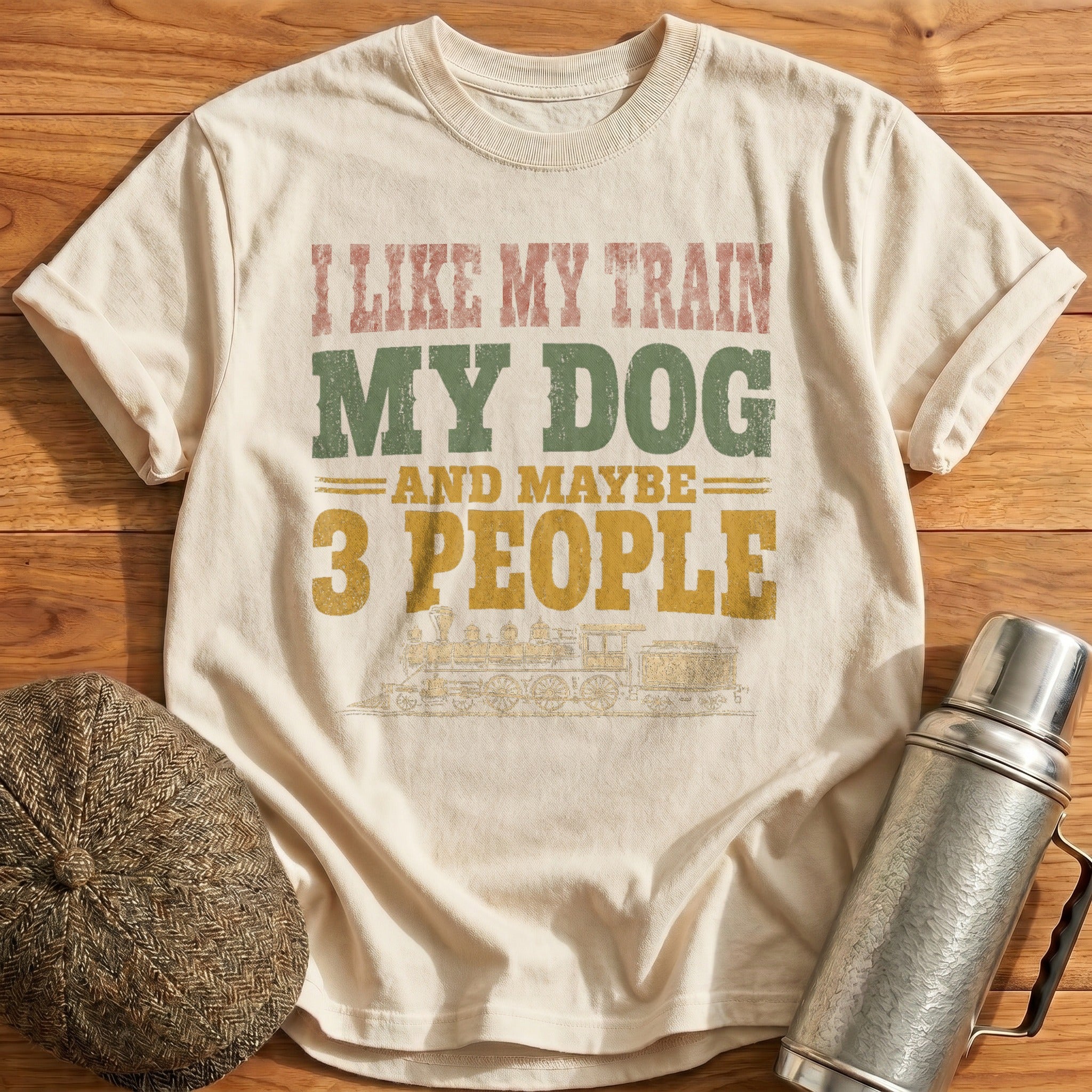 Train Dog 3 People T-Shirt - Natural