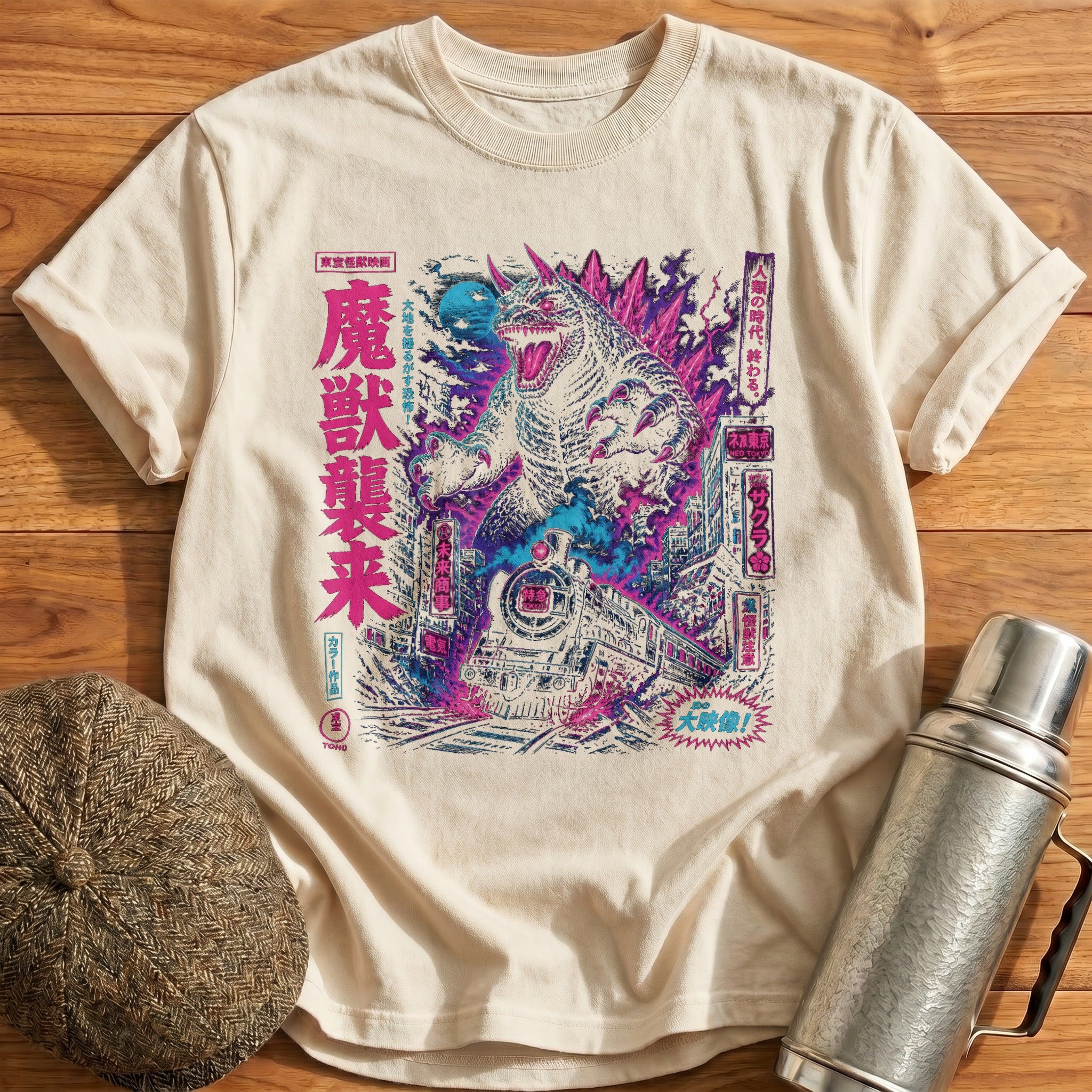 Kaiju Train Neon T-Shirt - Natural