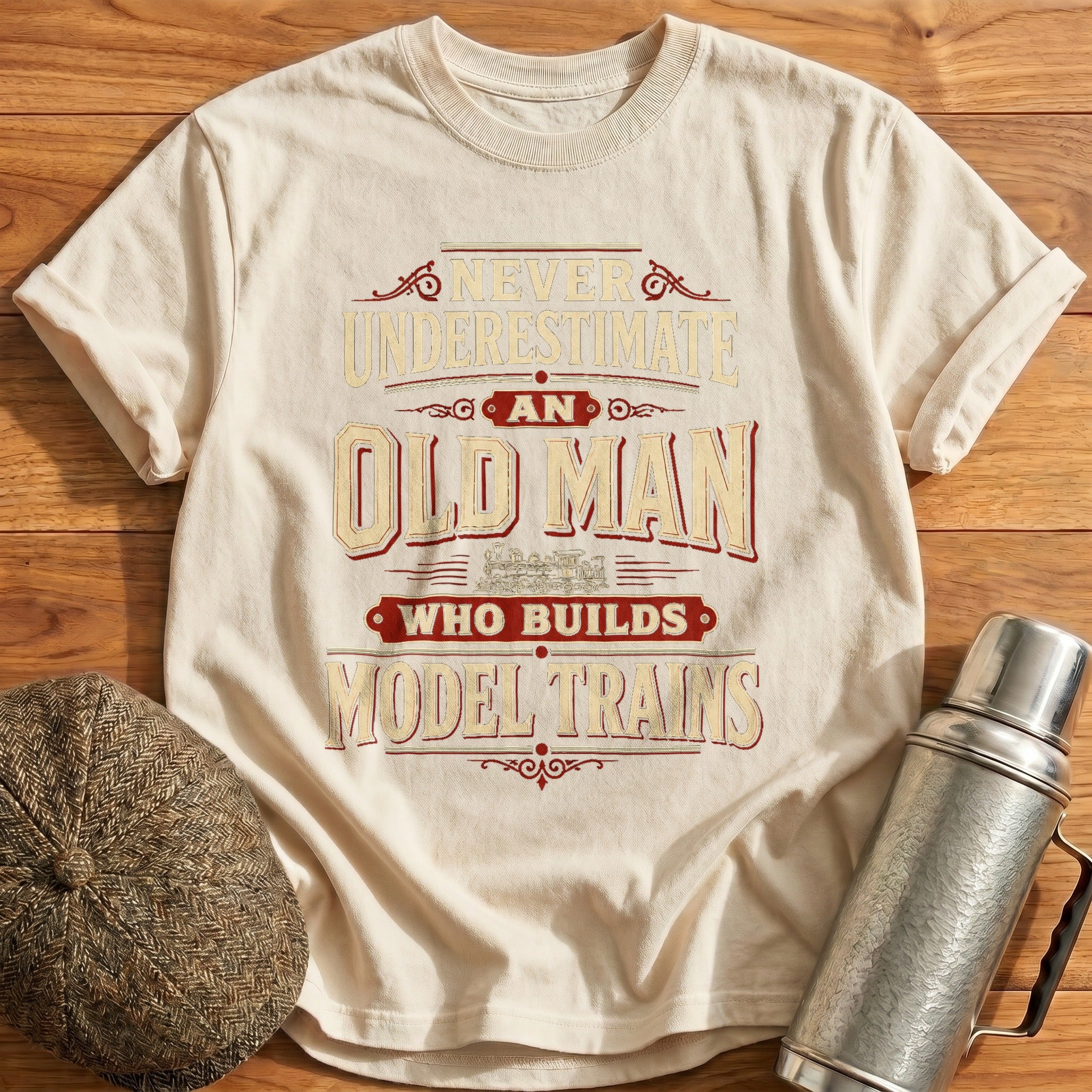 Never Underestimate Old Man Model Trains T-Shirt - Natural