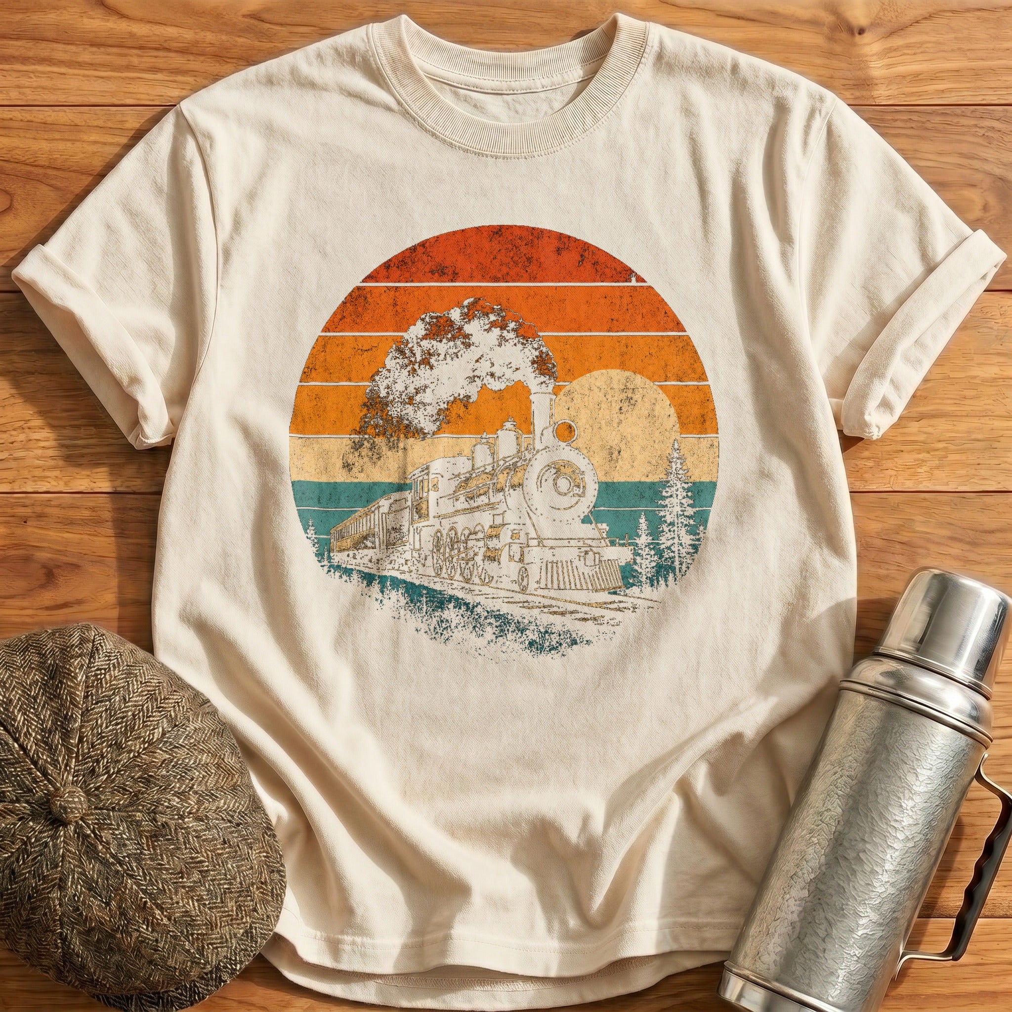 Retro Train Sunset T-Shirt - Natural