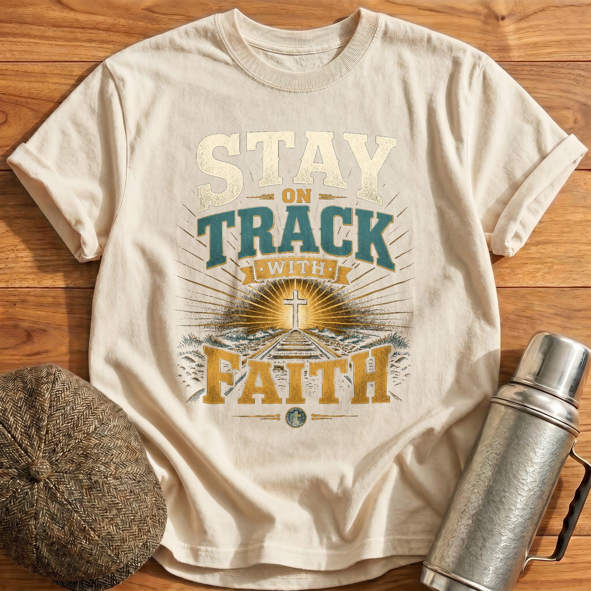 Stay on Track with Faith T-Shirt - Natural