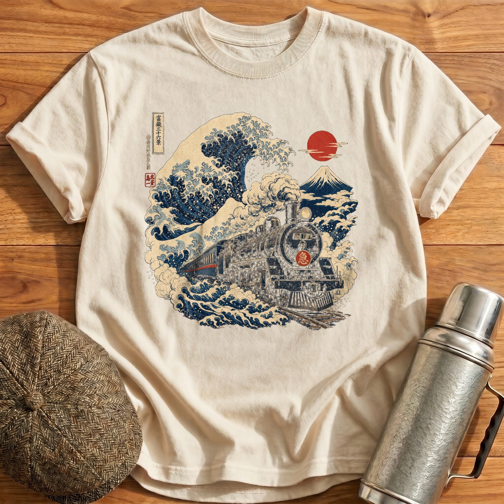 Ukiyoe Steam Train Wave T-Shirt - Natural