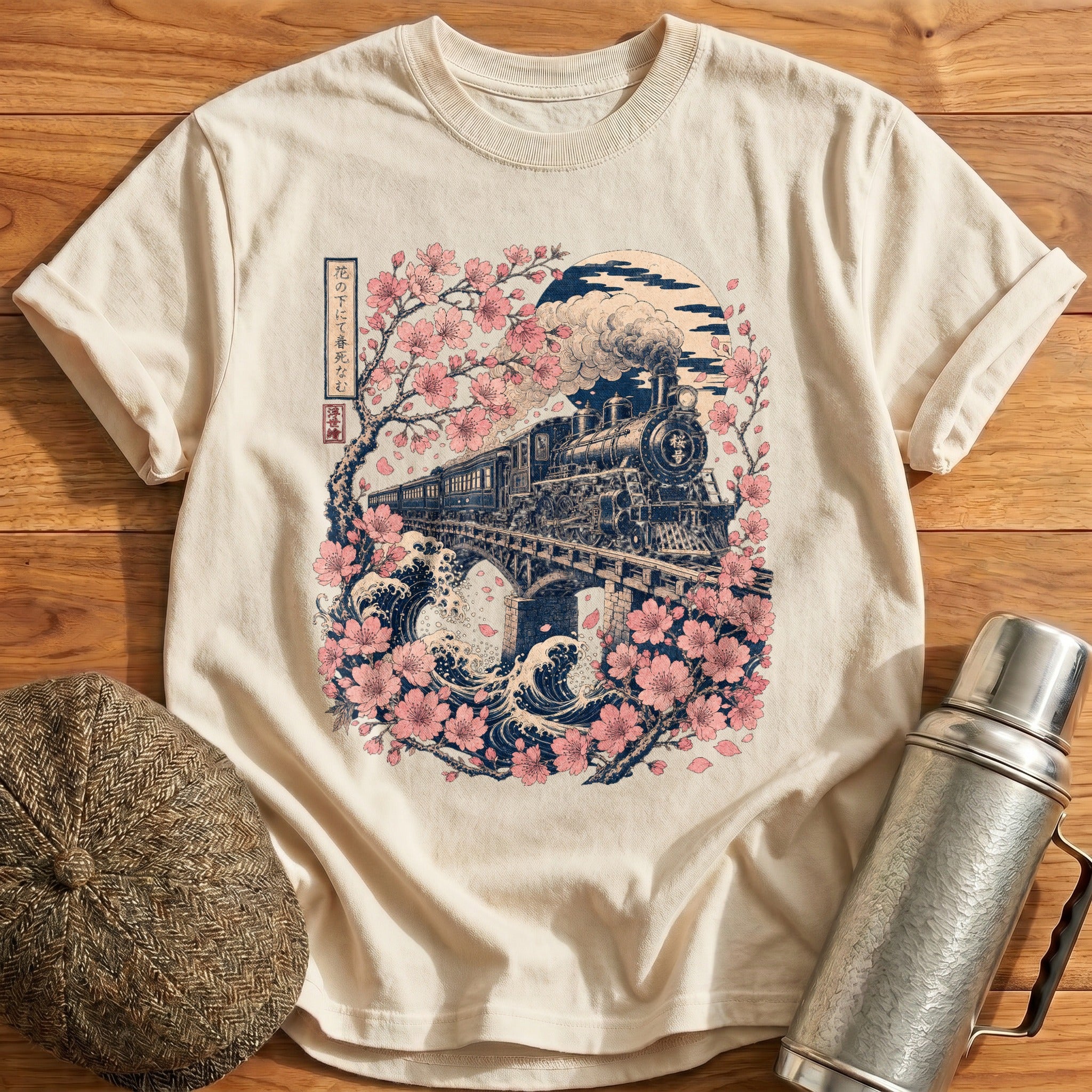 Ukiyoe Train Blossoms T-Shirt - Natural
