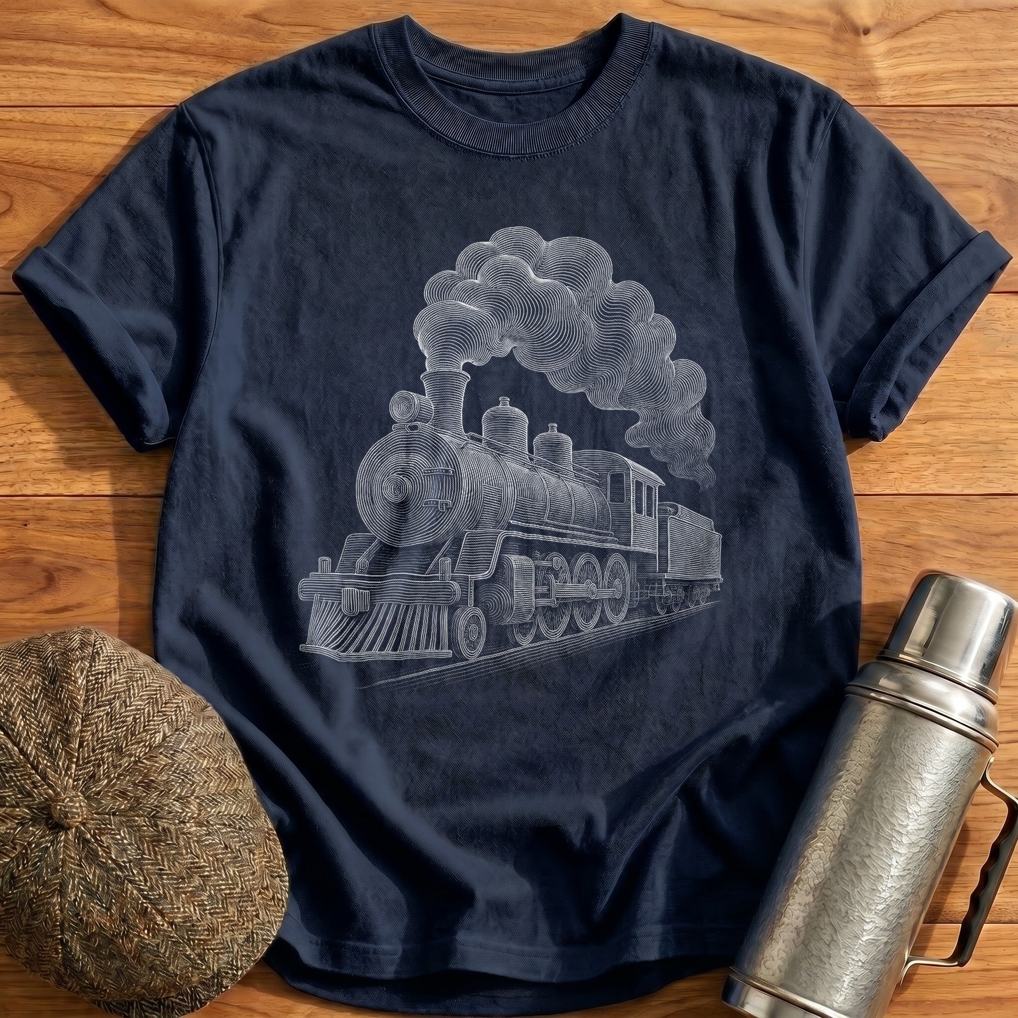 Steam Locomotive With Billowing Smoke T-Shirt - Navy