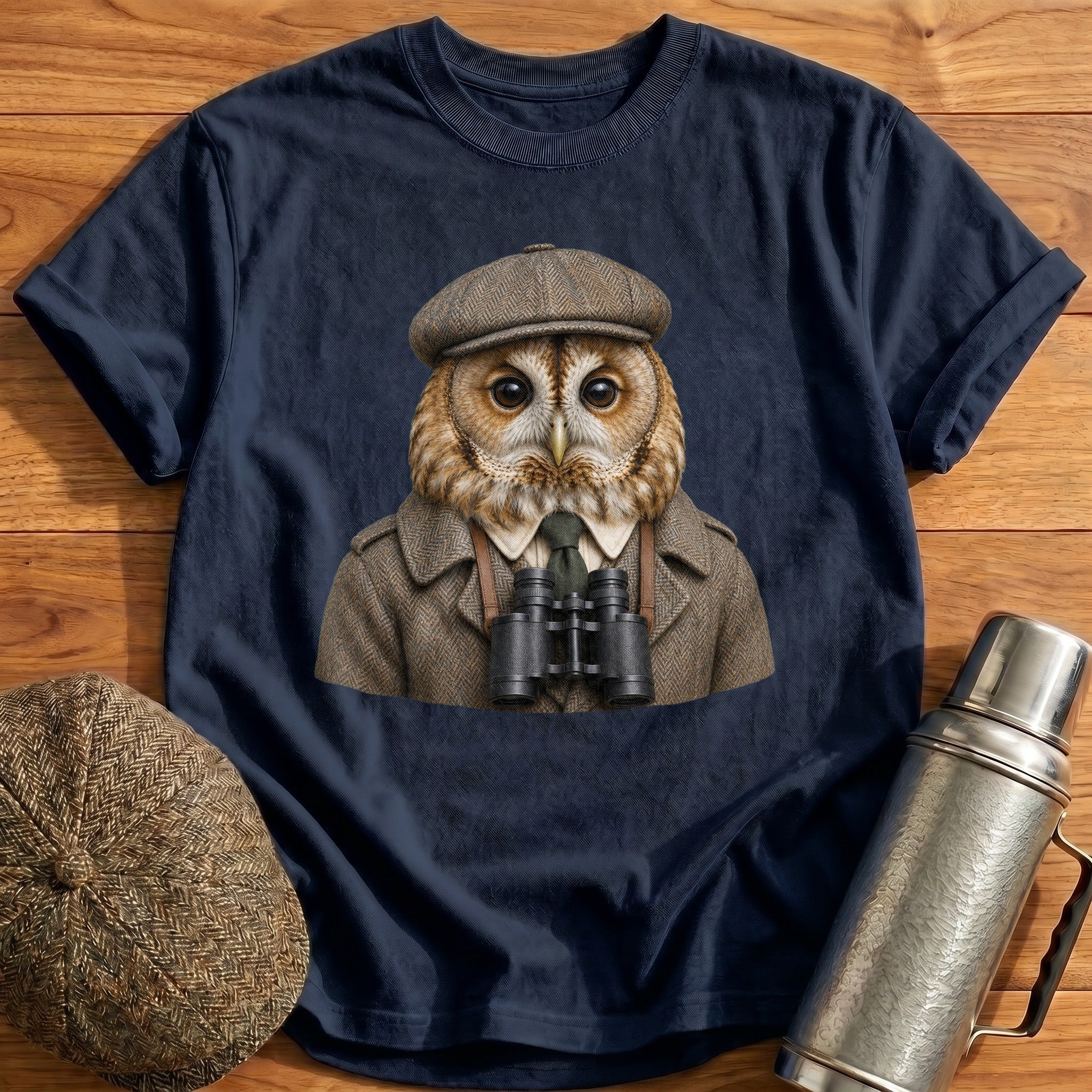 Tawny Owl Trainspotter With Binoculars T-Shirt - Navy