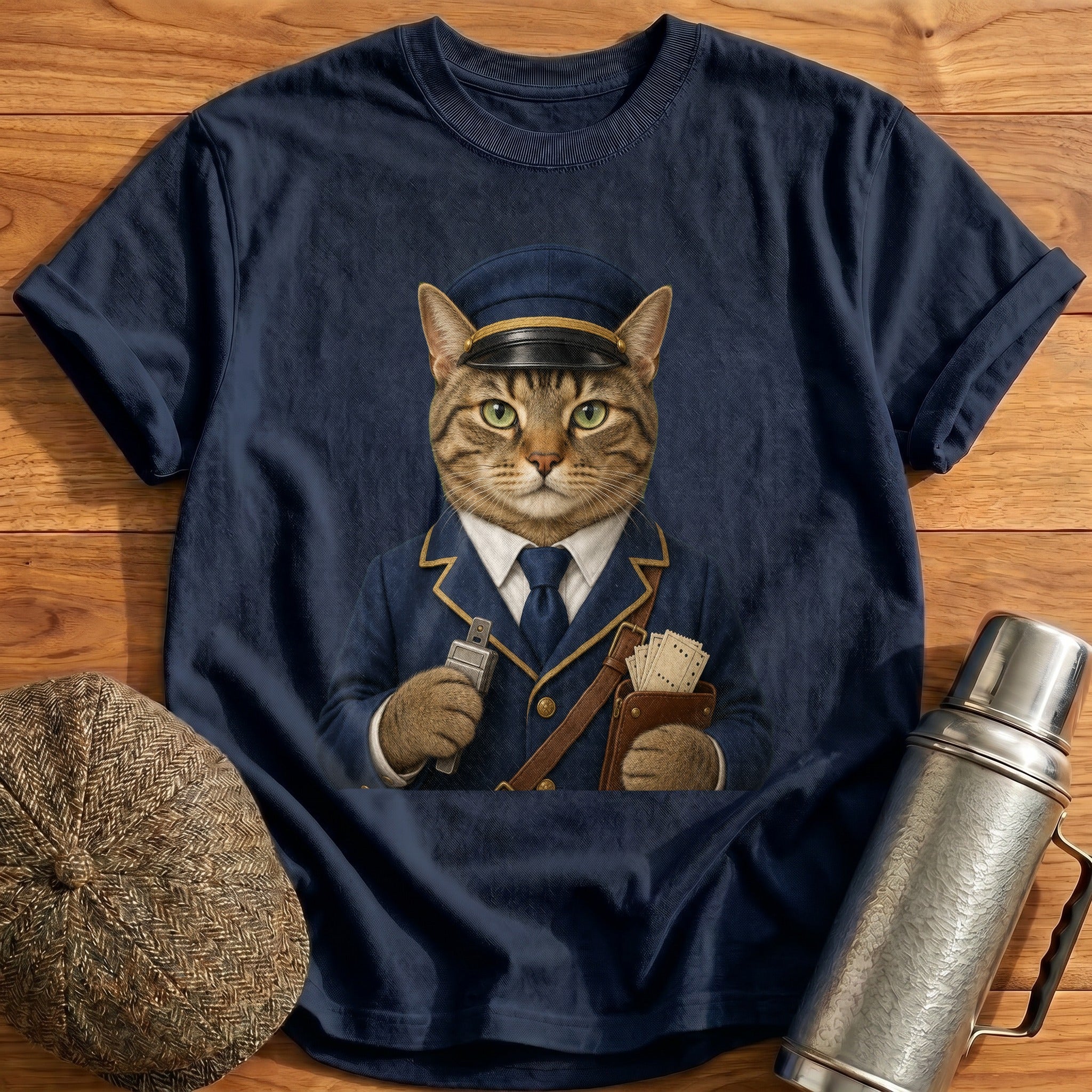 Tabby Cat Ticket Inspector T-Shirt - Navy