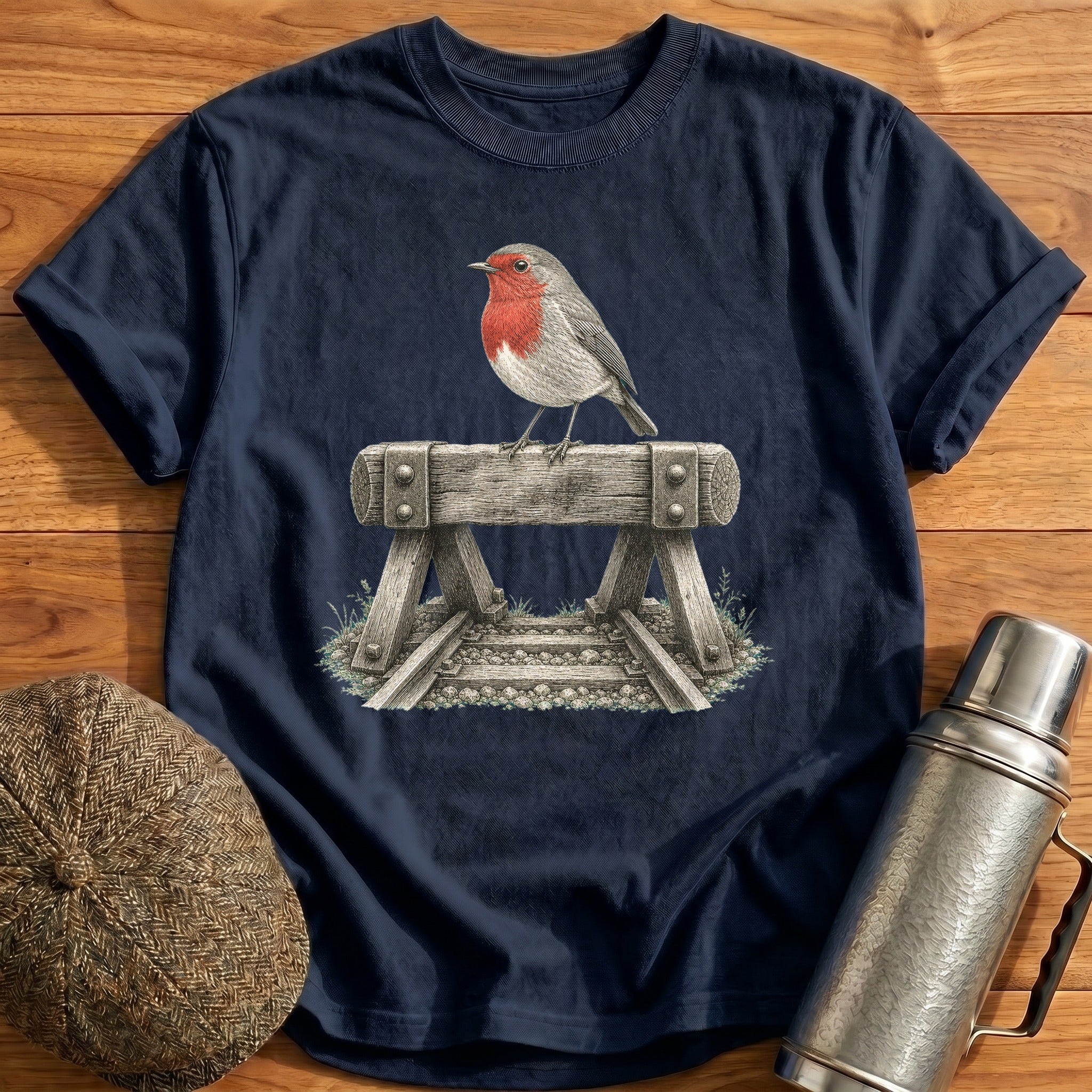Robin Perched On A Buffer Stop T-Shirt - Navy