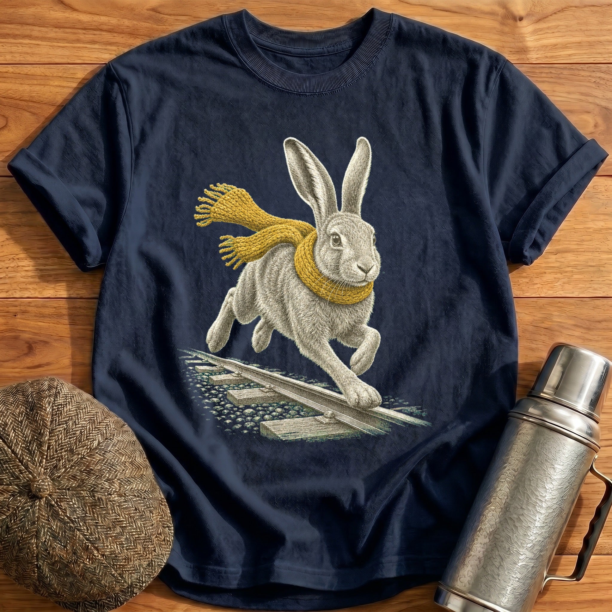 Hare Running Beside The Rails T-Shirt - Navy