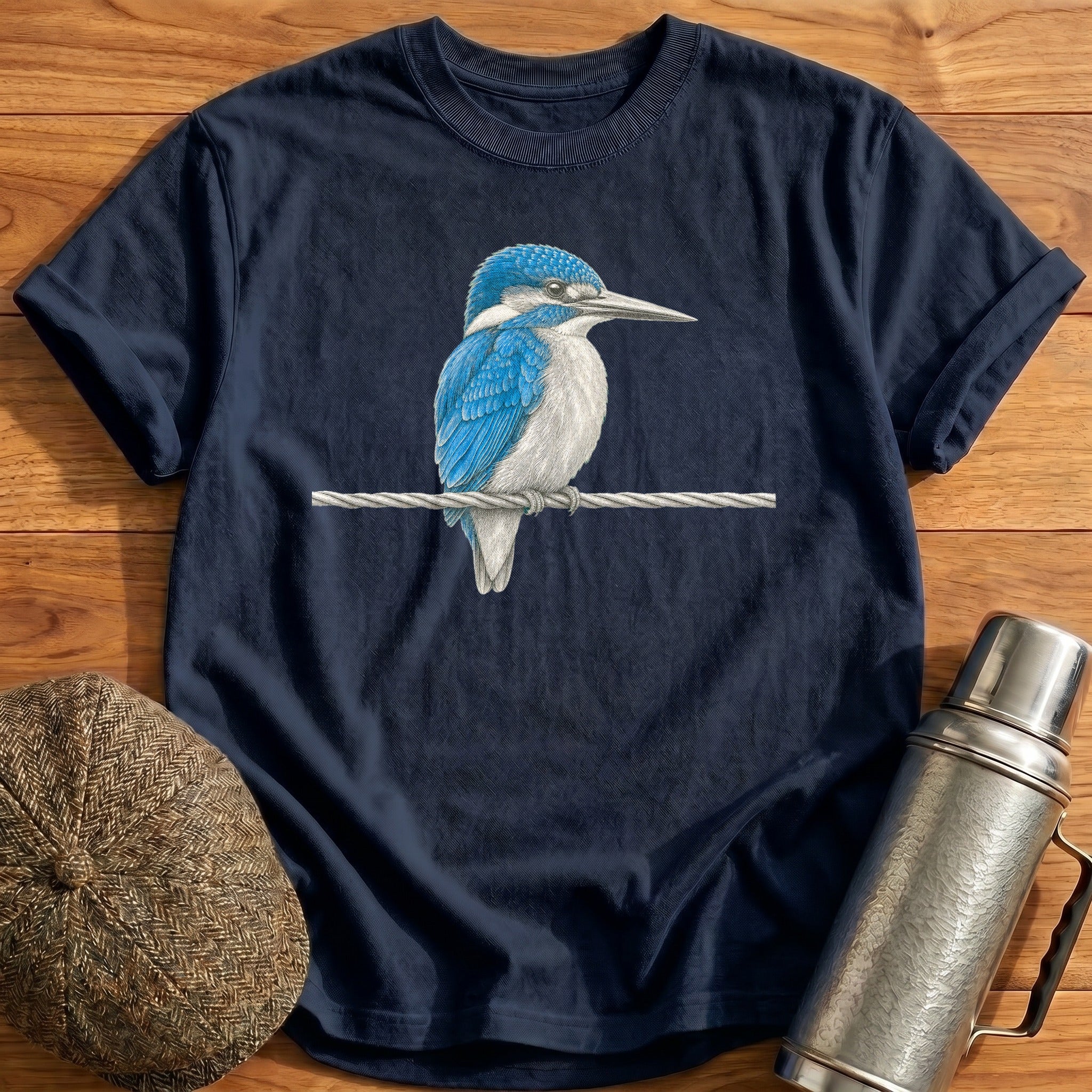 Kingfisher On A Signal Wire T-Shirt - Navy