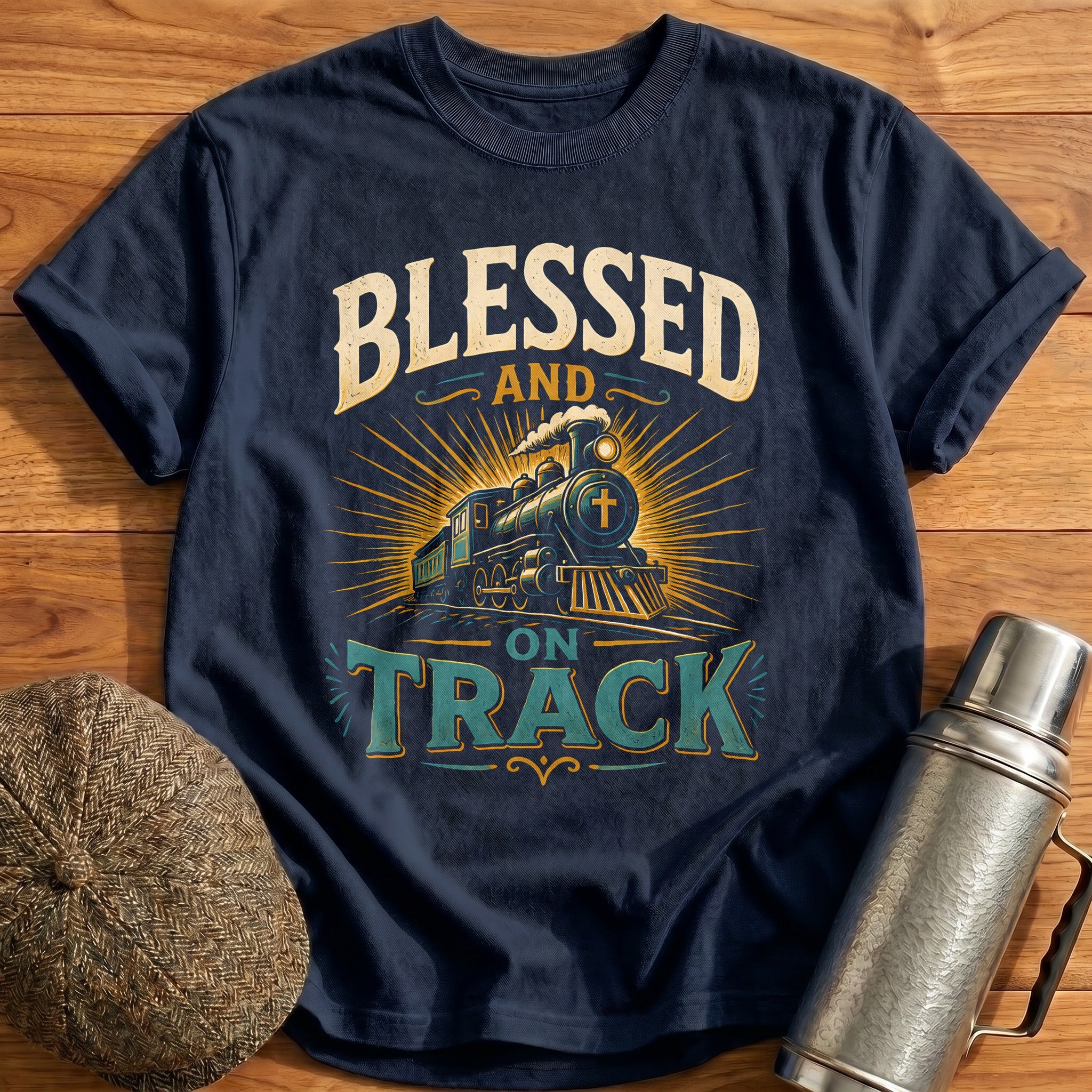 Blessed And On Track Train Christian Faith - Navy