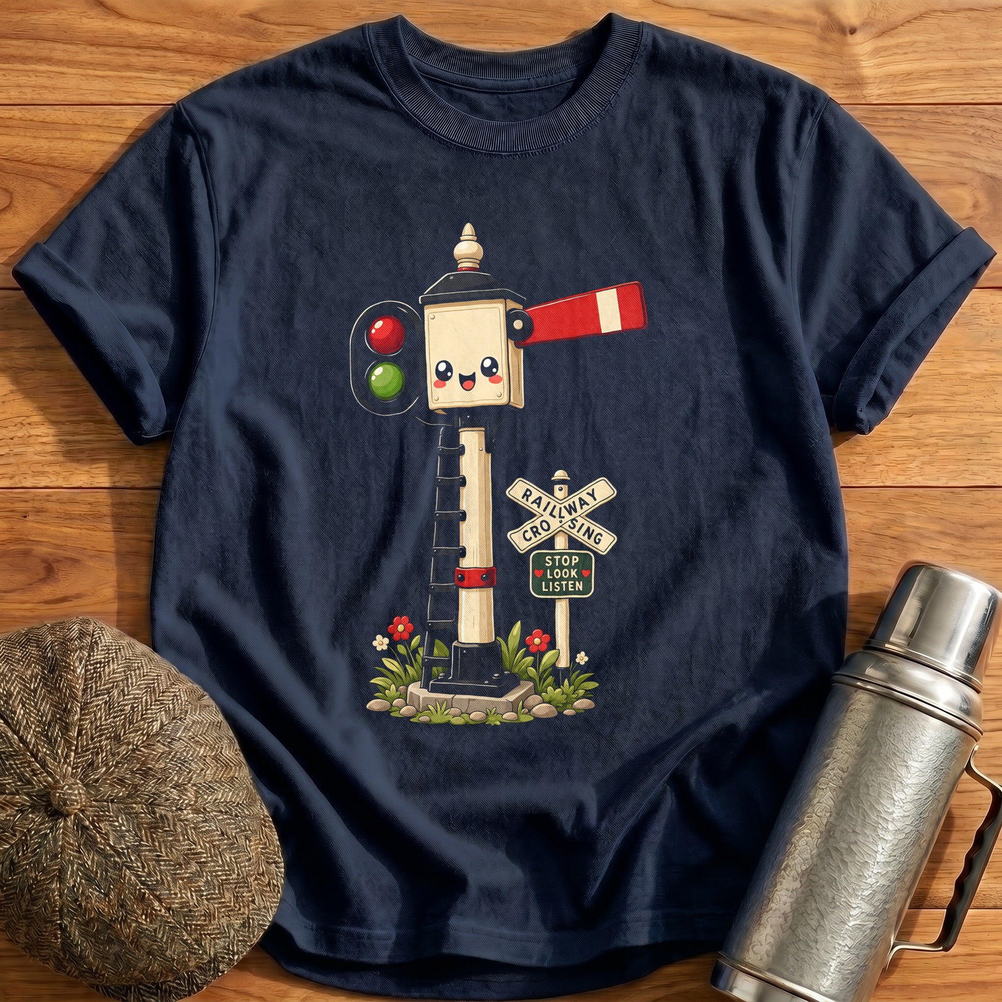 Cute Railway Signal Stop Look Listen Train - Navy