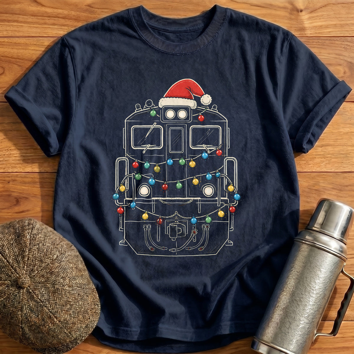Diesel Locomotive Christmas Lights 48 T-Shirt - Navy