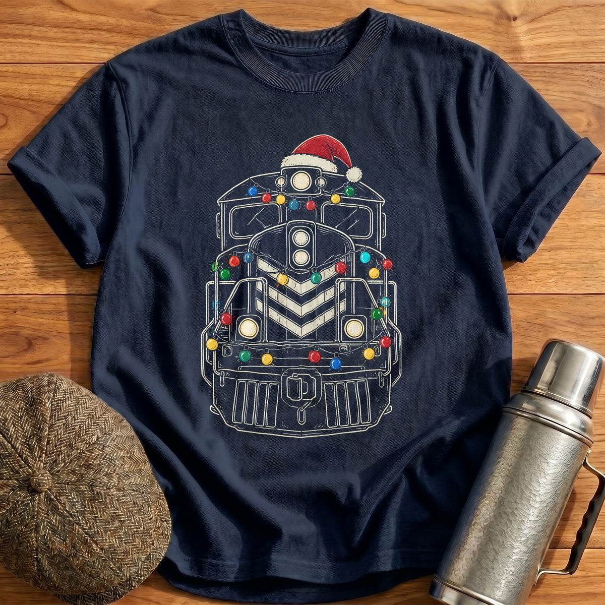 Freight Train Christmas Lights 47 T-Shirt - Navy