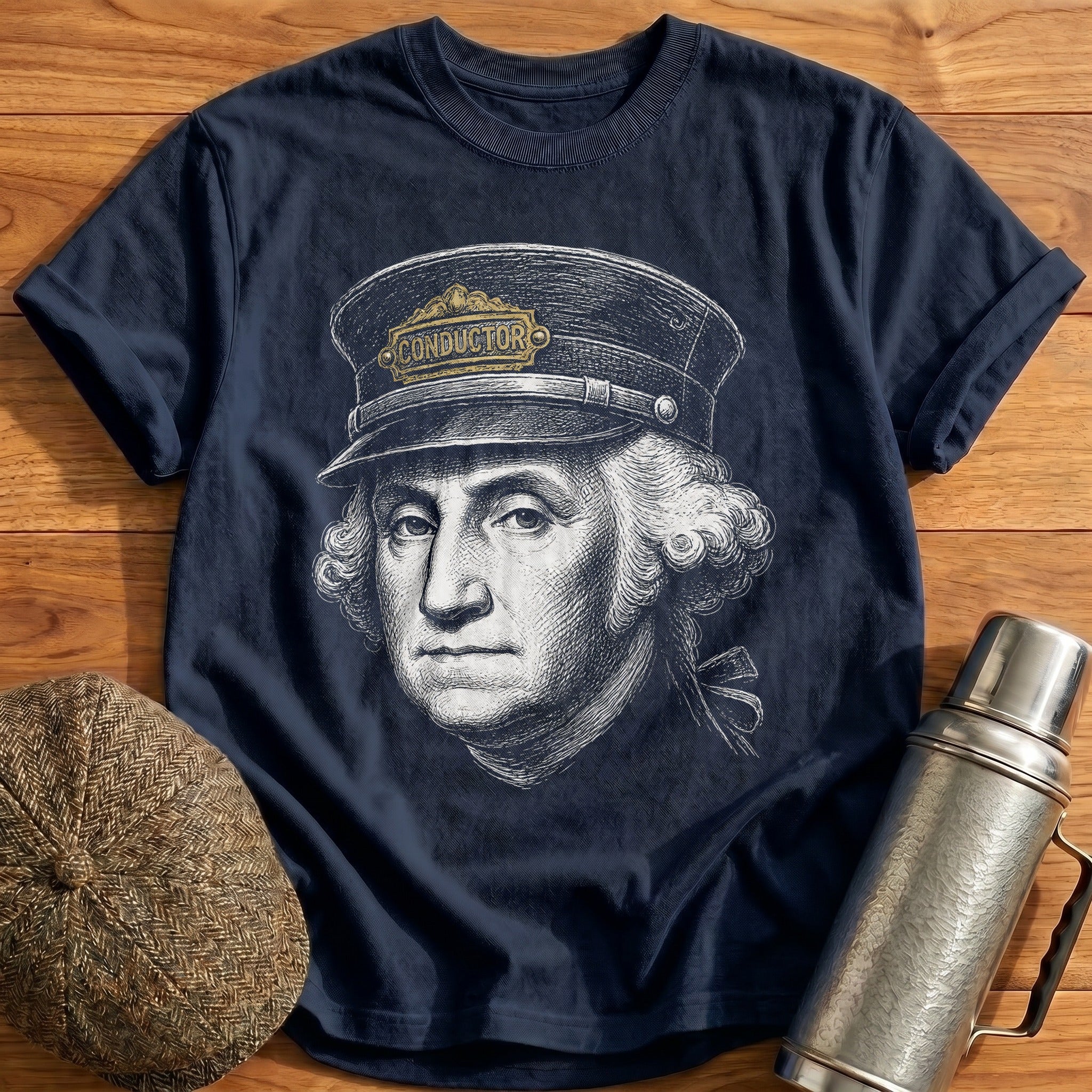 George Washington Conductor Faded Gold Sketch T-Shirt - Navy