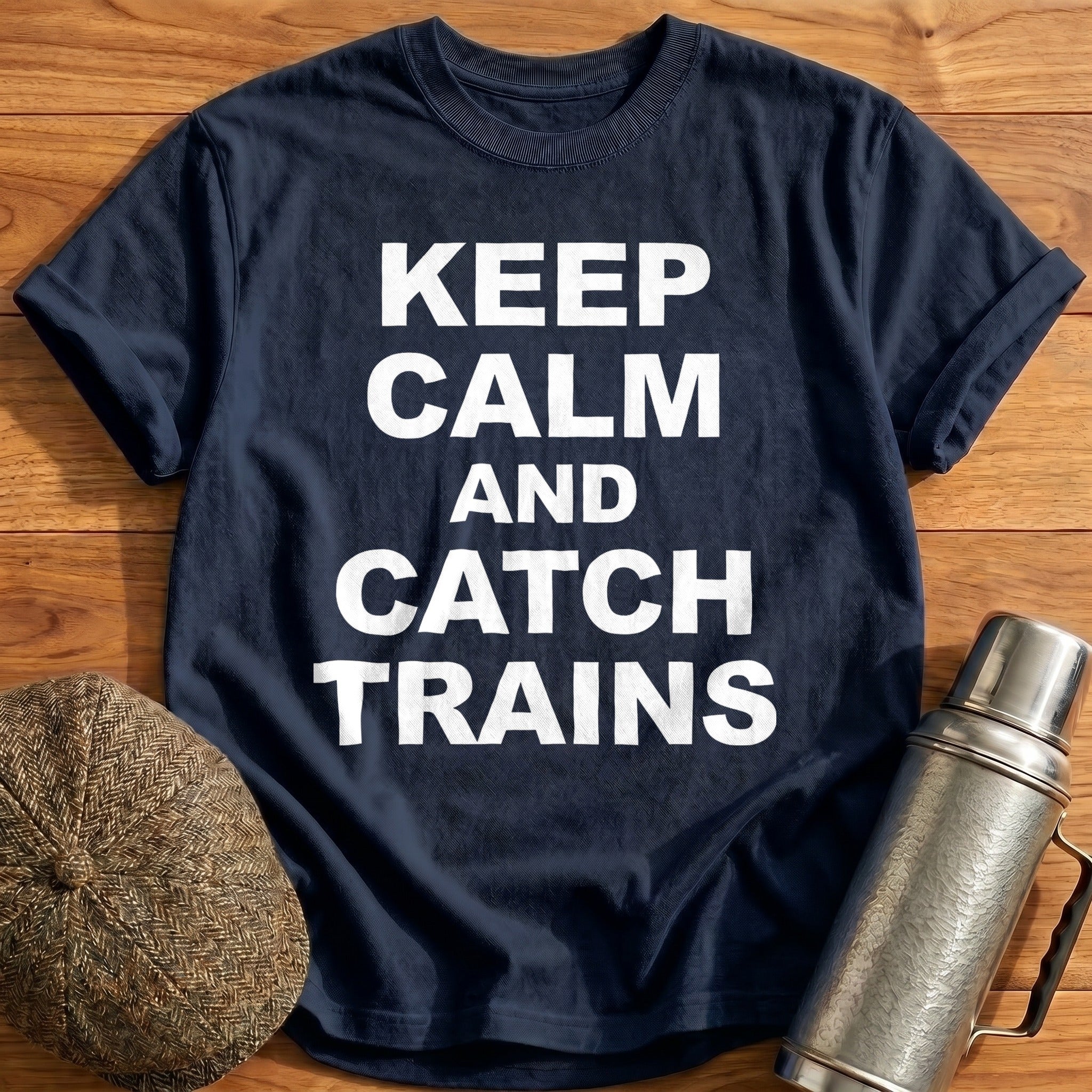 Keep Calm And Catch Trains T-Shirt - Navy