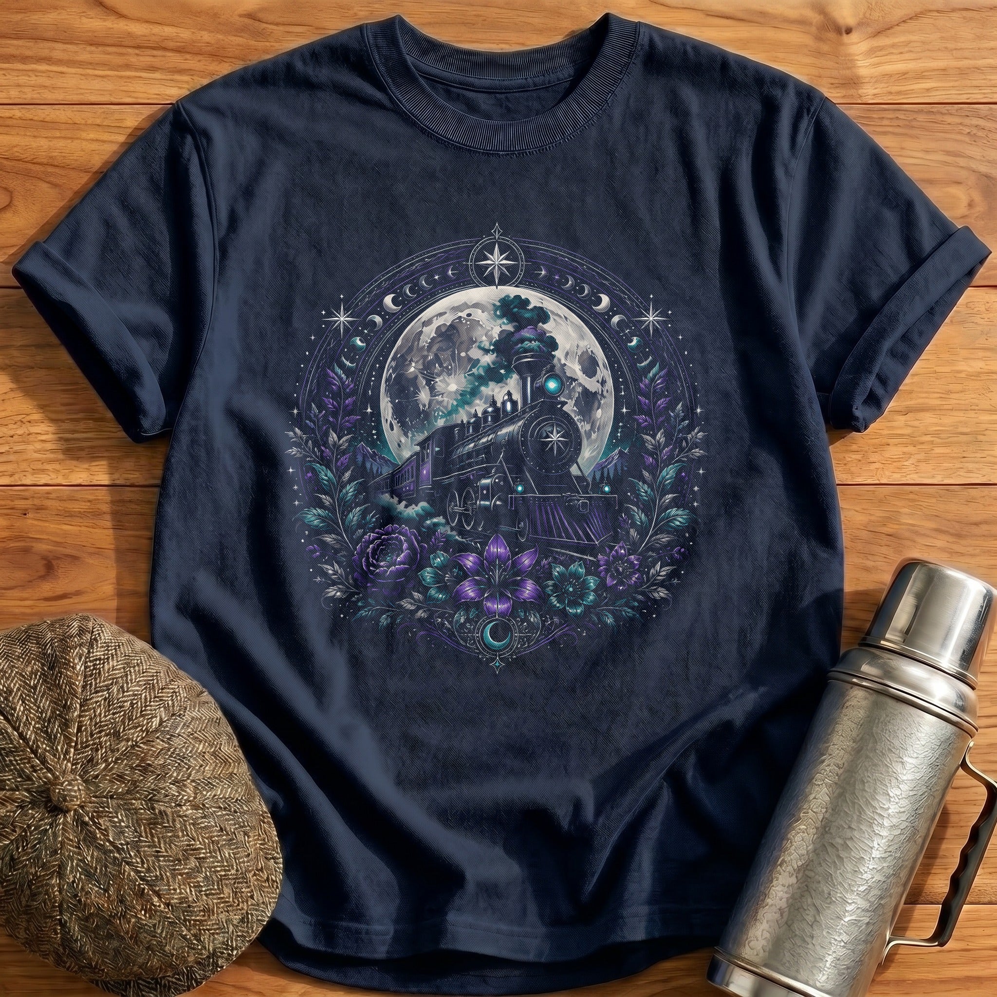Moonlight Steam Train Floral Train Spotter Vintage - Navy